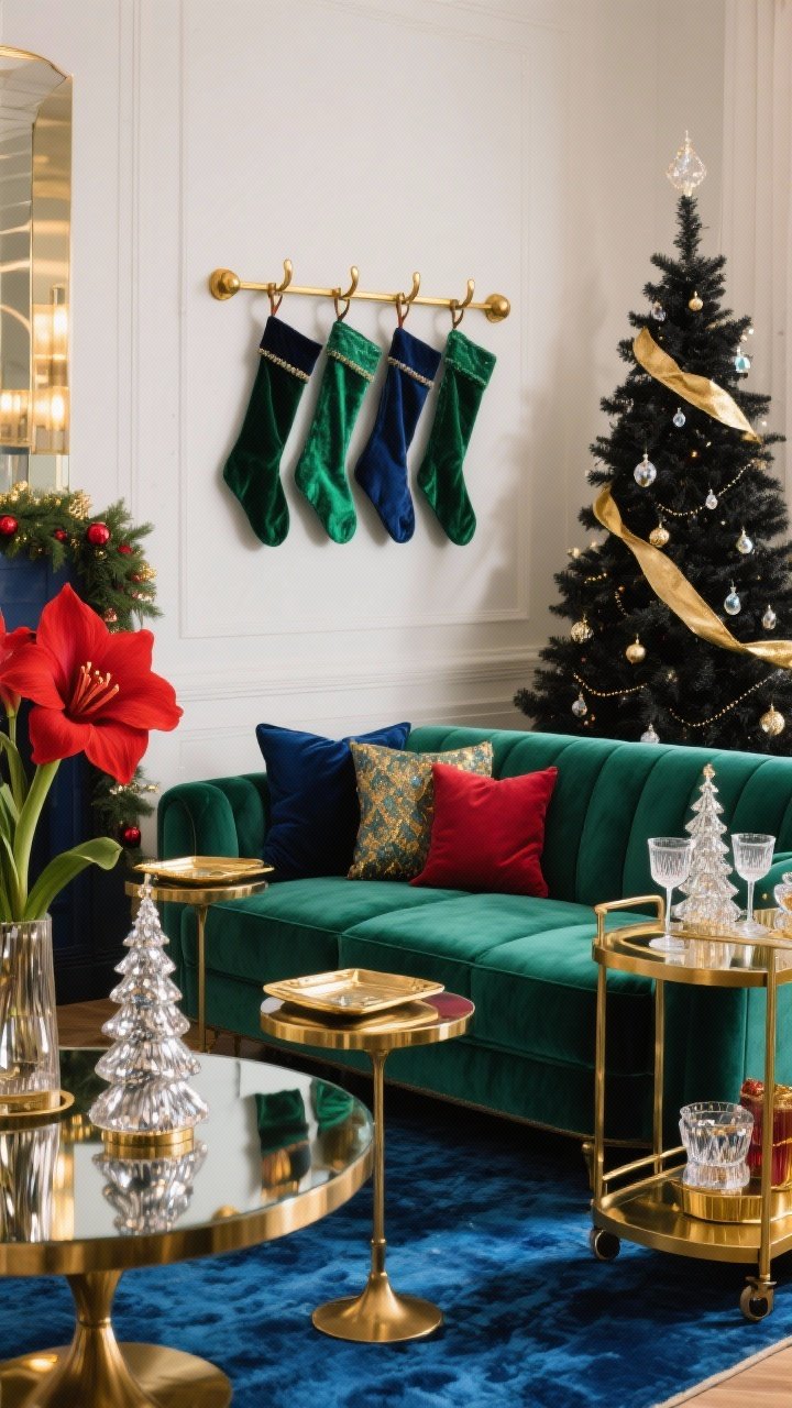 Photorealistic wide shot of a Jewel-Tone Glam Lounge: deep emerald velvet loveseat centered on a plush blue sapphire rug, with brass side tables; a compact gold bar cart styled as a holiday station—mercury glass trees, cut-crystal coupes, bold red amaryllis bloom; velvet stockings hanging from a wall-mounted rail with brass hooks; palette of emerald, navy, ruby, and gold; tabletop black spruce tree adorned with gold ribbon and glass drop ornaments; mirrored trays reflecting warm ambient lighting for a larger feel.
