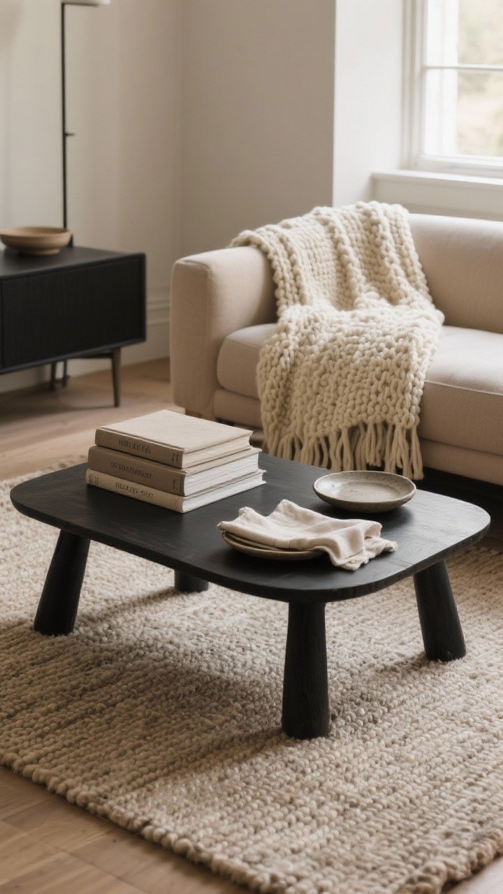 Photorealistic wide shot of a living room zone: a black coffee table centered on a subtle flatweave wool rug in a warm neutral; nearby sofa arm draped with a chunky knit or boucle throw in cream to visually soften the area; on the table, a short stack of cloth-bound coffee table books with matte, fabric spines, and a pair of washy linen napkins next to stoneware plates for tactile contrast; soft natural daylight from a window, calm, welcoming mood, no people