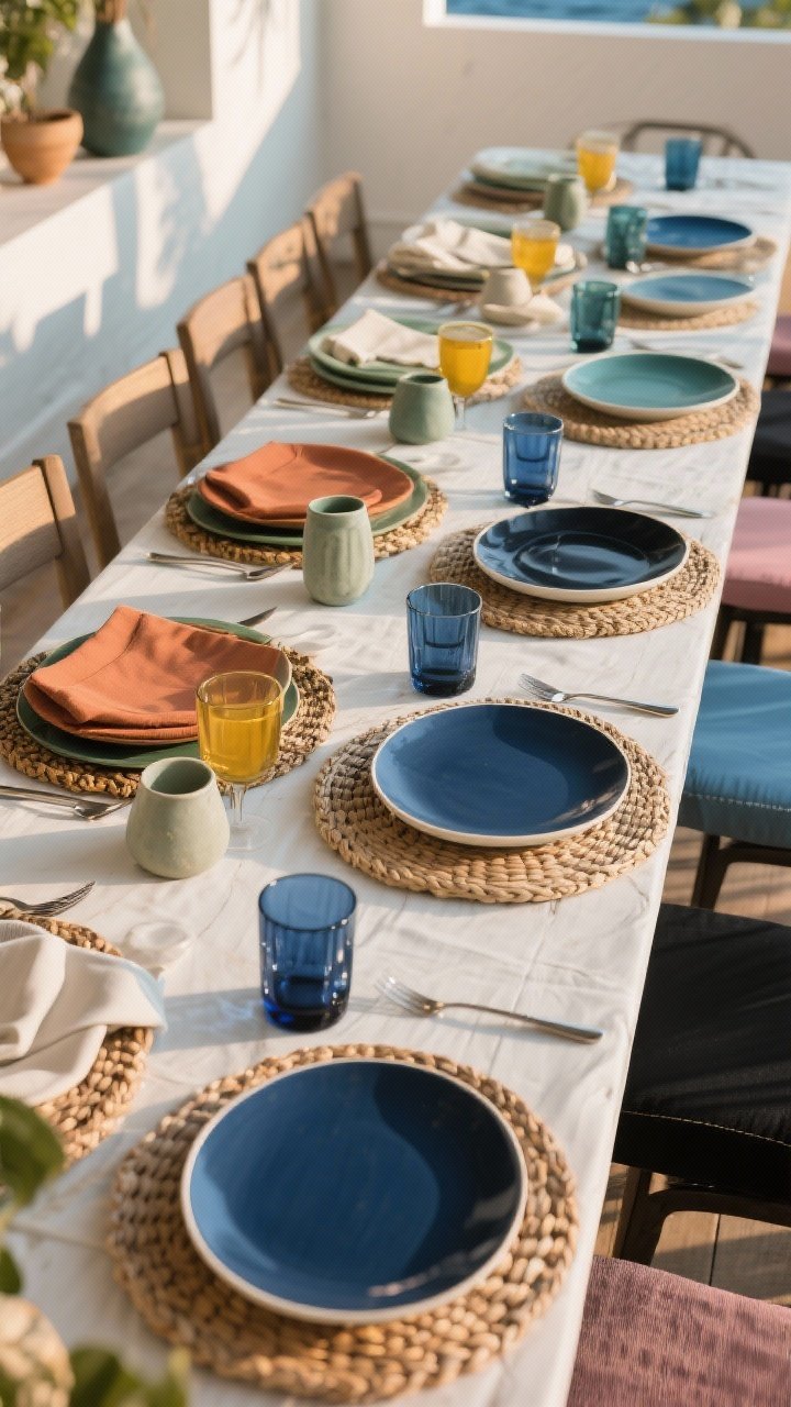 Photorealistic wide shot tablescape showing distinct color stories that pop without clashing: create zones on a long table—Coastal Calm (white, navy, sage with woven chargers), Earthy Modern (terracotta, olive, cream with matte stoneware), Monochrome Magic (all blues in different tones), and High-Contrast Chic (black and white with a mustard or blush accent). Repeat one color in three places per zone (plate rim, napkin, glass). Golden-hour natural light washing across, corner angle capturing the full narrative, no people, organized yet lively.