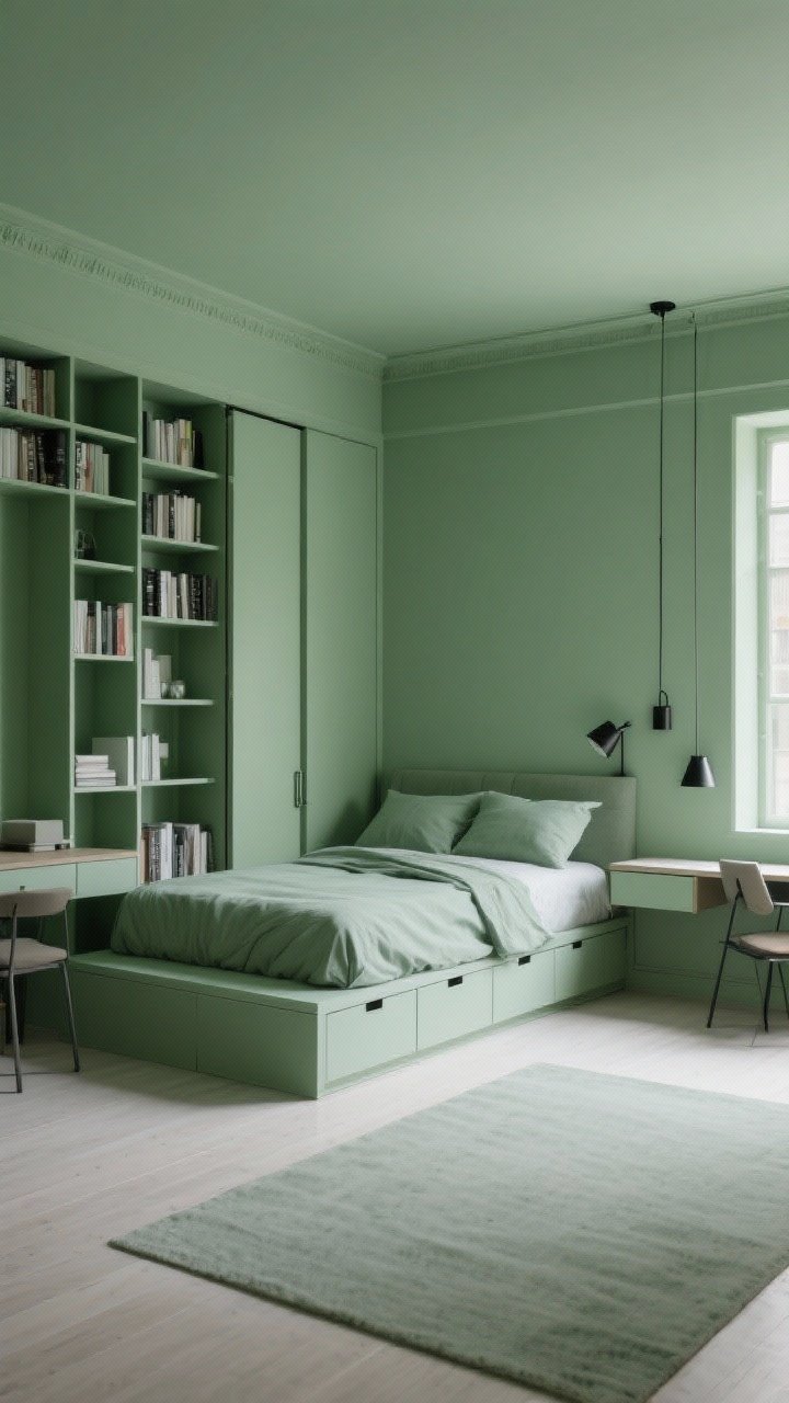 Photorealistic wide studio shot in bold monochrome: sage green painted continuously from ceiling to baseboards, room divider bookcase creating zones between a living area and bedding without blocking light, platform bed with built-in drawers (or murphy bed closed) to showcase storage, tone-on-tone sage bedding and linen headboard, black sconces for contrast, floating nightstands, wall-mounted drop desk folded away to keep surfaces clear; cohesive, uncluttered feel with even natural light.