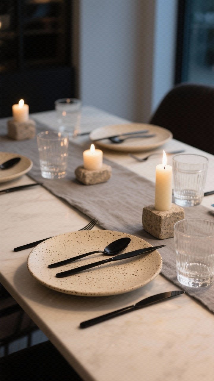 Straight-on medium detail: Oatmeal-speckled plates set with glossy black flatware for crisp contrast; clear, low glassware—short tumblers or petite wine glasses; mini taper candles in stone holders adding height without bulk; a soft gray linen runner bridging oatmeal tones and black; cozy-sleek mood, neutral and modern; soft evening lighting with subtle candle glow for an intimate, planned feel; no people, photorealistic textures highlighted.