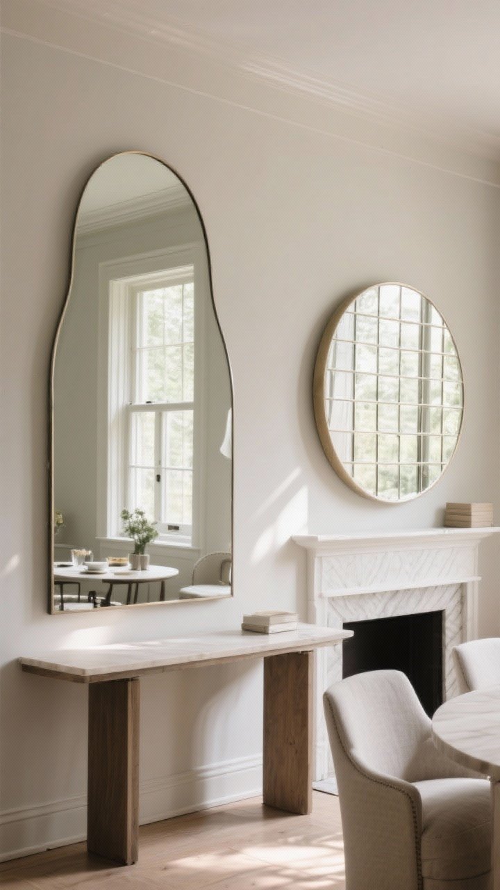 Straight-on medium shot showcasing mirror shapes: an arch mirror behind a console table drawing the eye upward like a window; a large round mirror over a mantel softly bouncing light; a grid-style windowpane mirror in a small dining nook adding architectural structure; restrained palette with consistent finishes so one hero shape leads; mid-afternoon natural light with gentle contrast