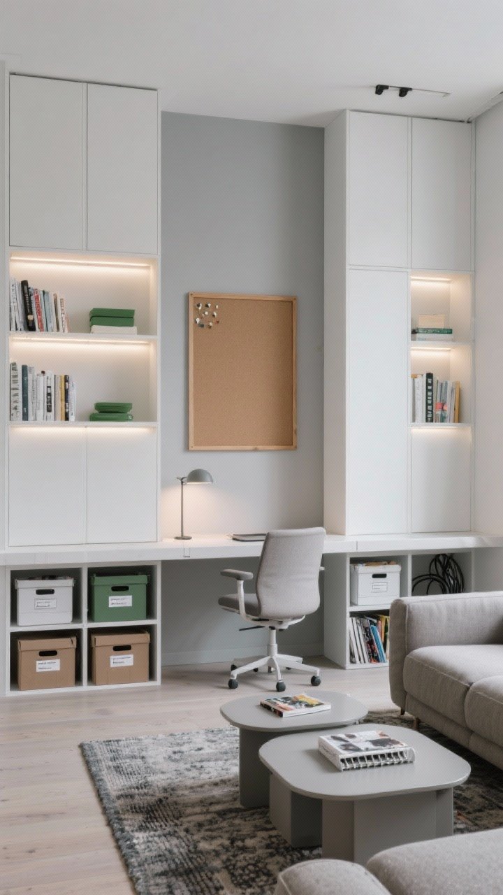 Straight-on medium shot, Smart Micro-Office Living Room: One wall built-in look with two tall matte white bookcases flanking a floating desk; hidden LED strip lights glowing under shelves; an oak-framed pinboard above the desk; armless upholstered task chair tucked completely under; opposite side partially visible two-seater sofa and nesting coffee table set; organized storage with labeled boxes, magazine files, cable tray; palette of soft gray, white, and a single accent color (forest green) via accessories; zoned by a simple rug and focused desk lamp.