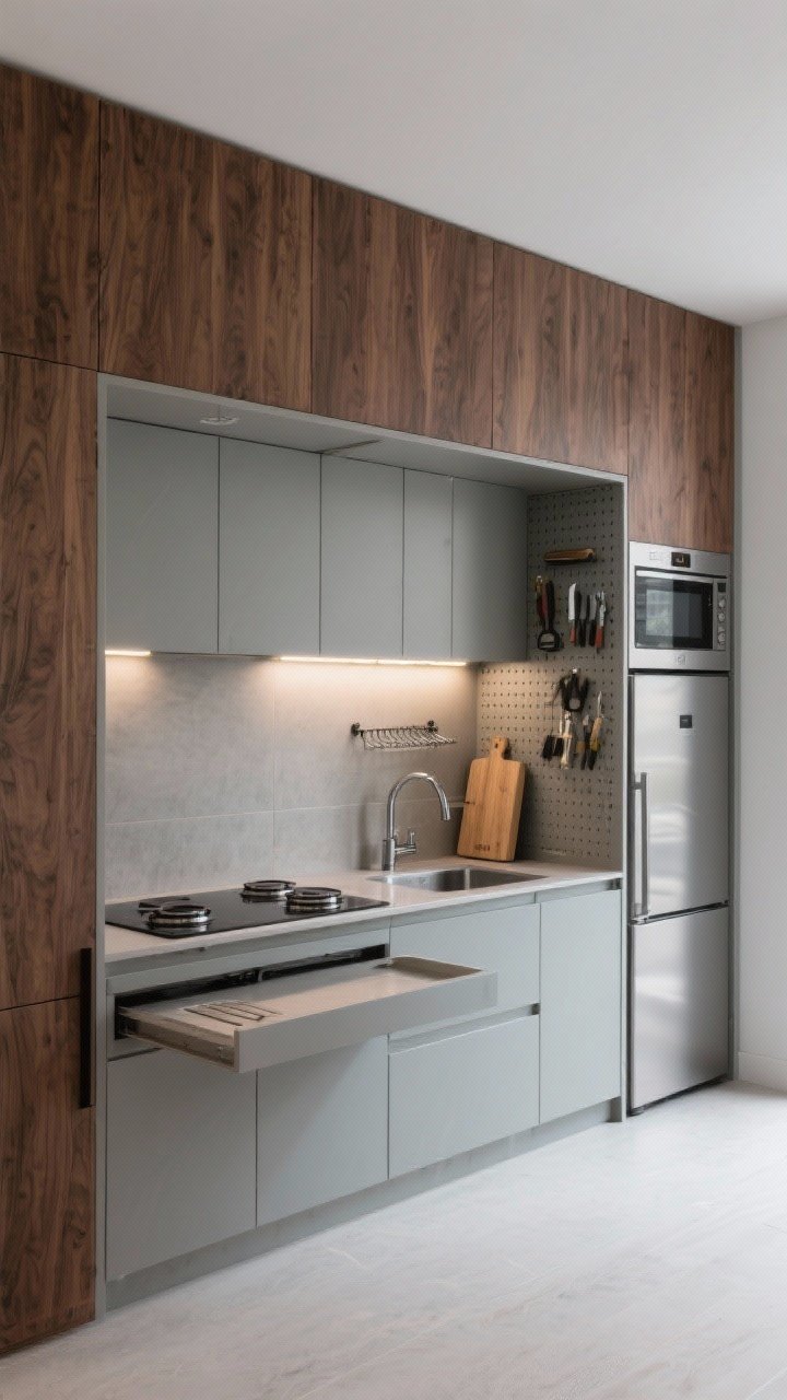 Straight-on wide shot of a sleek studio kitchen wall: closed view shows full-height cabinet wall with rich walnut veneer, furniture-grade finish; second frame conceptually “open” with pocketing or bi-fold doors retracted to reveal light grey laminate interiors, stainless counter and backsplash, two-burner induction, counter-depth fridge, microwave-convection combo; pegboard panels inside doors with neatly hung tools, integrated drying rack over sink, fold-out cutting board extended; motion-activated LED strips illuminating the nook; modern, hidden-in-plain-sight aesthetic; photorealistic, no people.