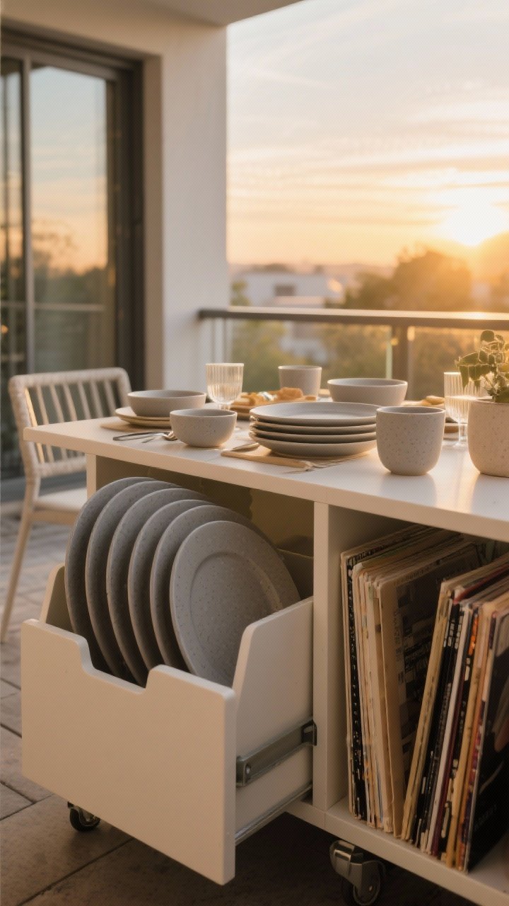 Wide balcony scene at golden hour featuring a lightweight melamine dinnerware set styled for an outdoor dinner: matte finishes with stoneware-like texture in muted modern hues (slate, sand). Plates are stood vertically inside a file organizer in a nearby drawer/cart, like a record collection. Emphasize ultra-light, nearly unbreakable vibe; include matching bowls and cups. Warm natural sunset light, no microwave cues, no people.