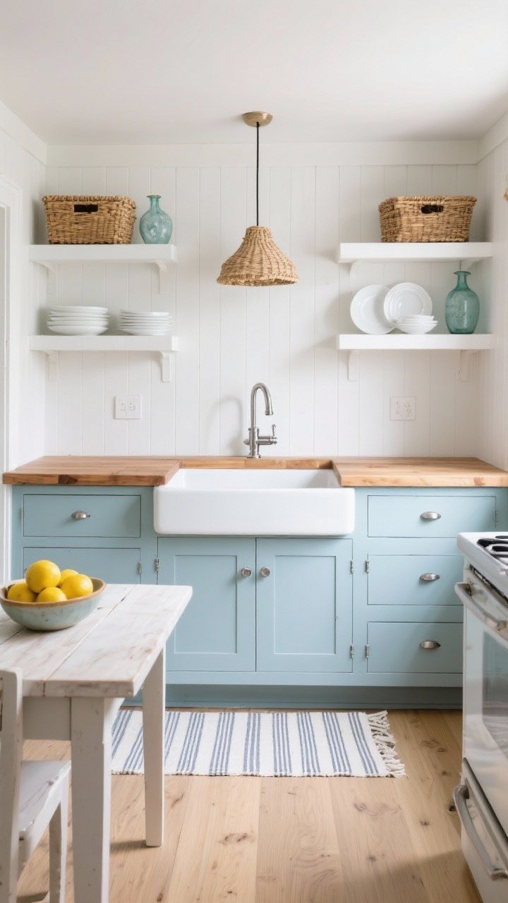 Wide coastal micro-kitchen, straight-on: powder-blue shaker cabinets with matte nickel cup pulls, white beadboard backsplash, warm butcher block countertop; open white upper shelves styled with rattan baskets, white dishes, and seaglass vases; slim apron-front sink with a bridge faucet as a focal point; wall-mounted drop-leaf table folded down along one side; pale oak vinyl plank floor; woven pendant overhead, striped cotton runner on the floor, and a bowl of lemons adding sunny color; soft, breezy lighting; photorealistic, no people.