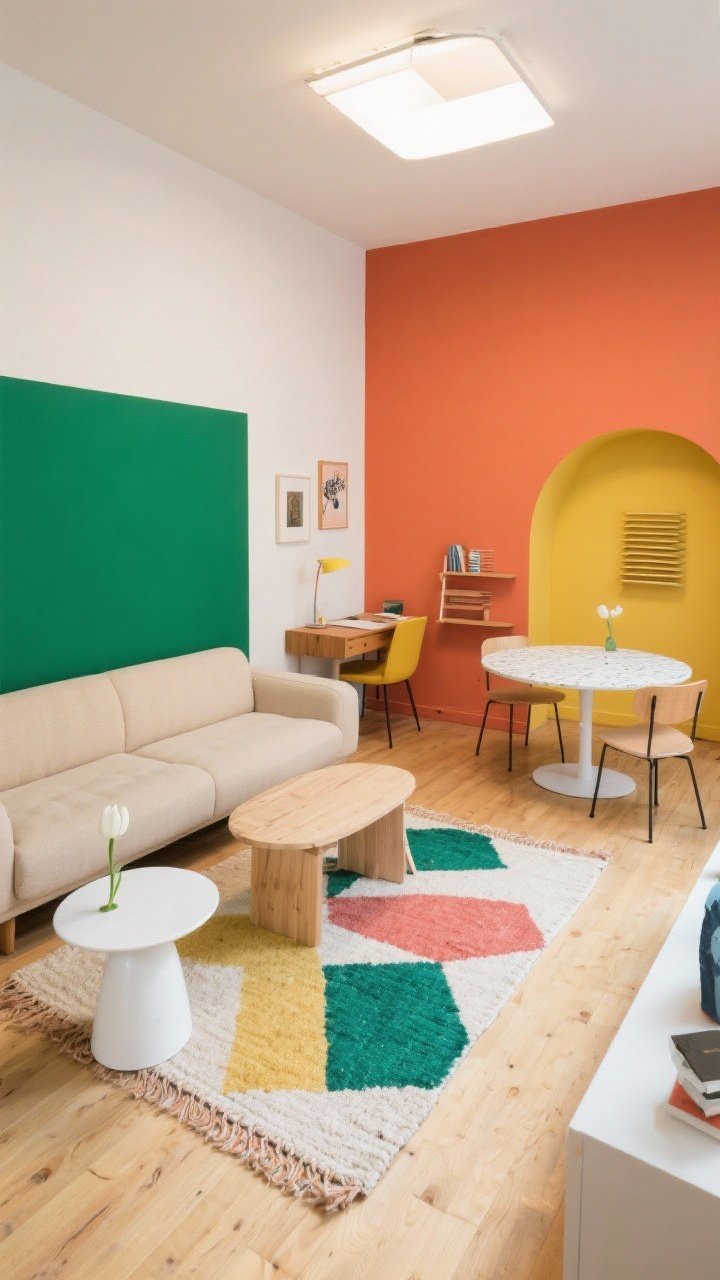 Wide overhead shot, Color-Blocked Playhouse: A compact open-plan apartment with painted zones: a sage green rectangle behind the oatmeal compact sofa, a sunset terracotta half-wall defining the dining corner with a round drop-leaf table and stackable chairs, and a mustard arc over a small desk nook; white tulip side tables; geometric flat-weave rug tying all colors together; graphic prints repeating the palette; plenty of white and light wood balancing saturated hues; bright, playful lighting.