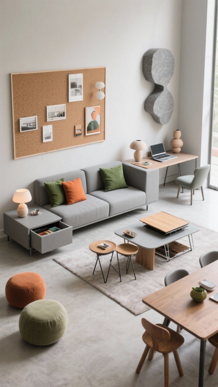 Wide overhead shot, “Modular Muse” multifunction living zone: modular sofa with hidden storage floated off the wall, slim bench positioned behind it for extra seating. Flip-top coffee table partially raised as a laptop perch, two nesting side tables tucked under. Fold-flat dining set stored against the wall like modern sculpture. Stone gray base with forest green and terracotta accents in pillows and accessories. Cork board–gallery hybrid over a compact desk zone, sculptural ceramic lamps, and poufs that double as footrests/spare dining stools. Soft, even daytime lighting, no people.