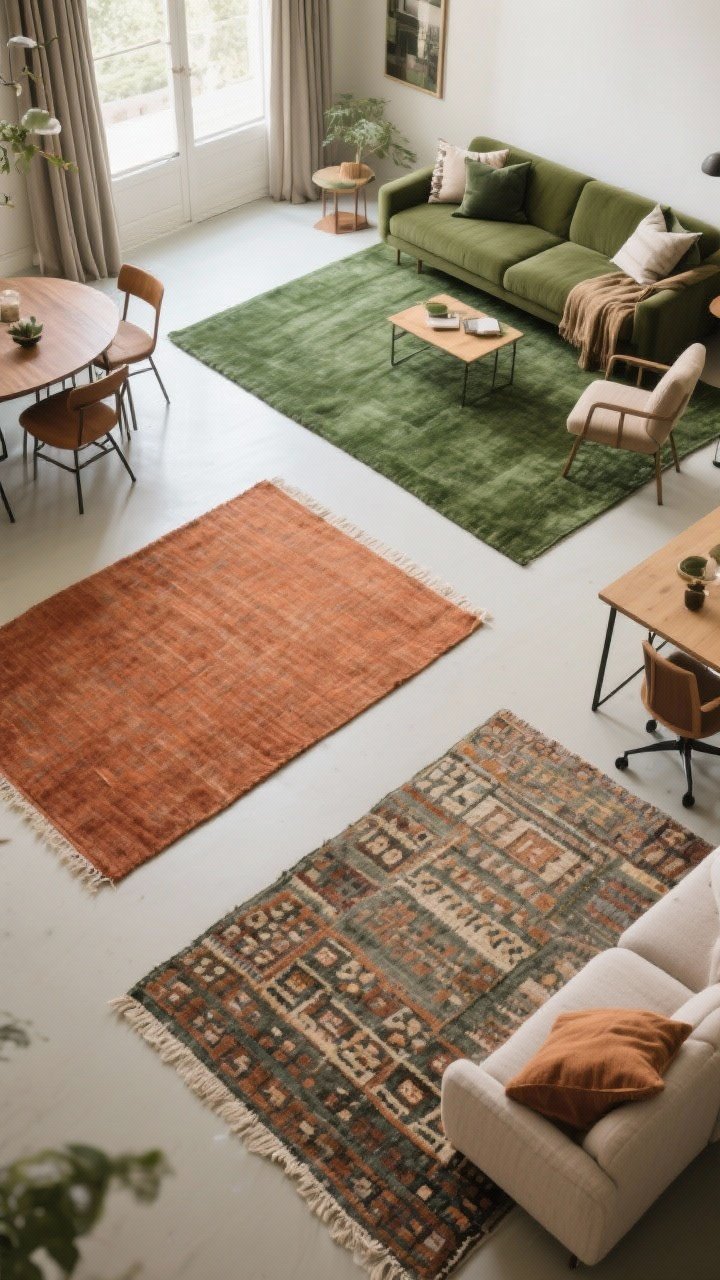 Wide overhead shot: Three distinct rugs anchoring zones in an open space—living room with a large rug in the primary zone color (forest green) fully under sofa and chairs; dining area with a durable flatweave rug in a complementary terracotta tone sized to accommodate chair movement; workspace with a smaller patterned rug that hides spills. Echo the rug hues with pillows, throws, and curtains in each corresponding zone. Soft natural light, photorealistic textures of wool, flatweave, and patterned fabric.