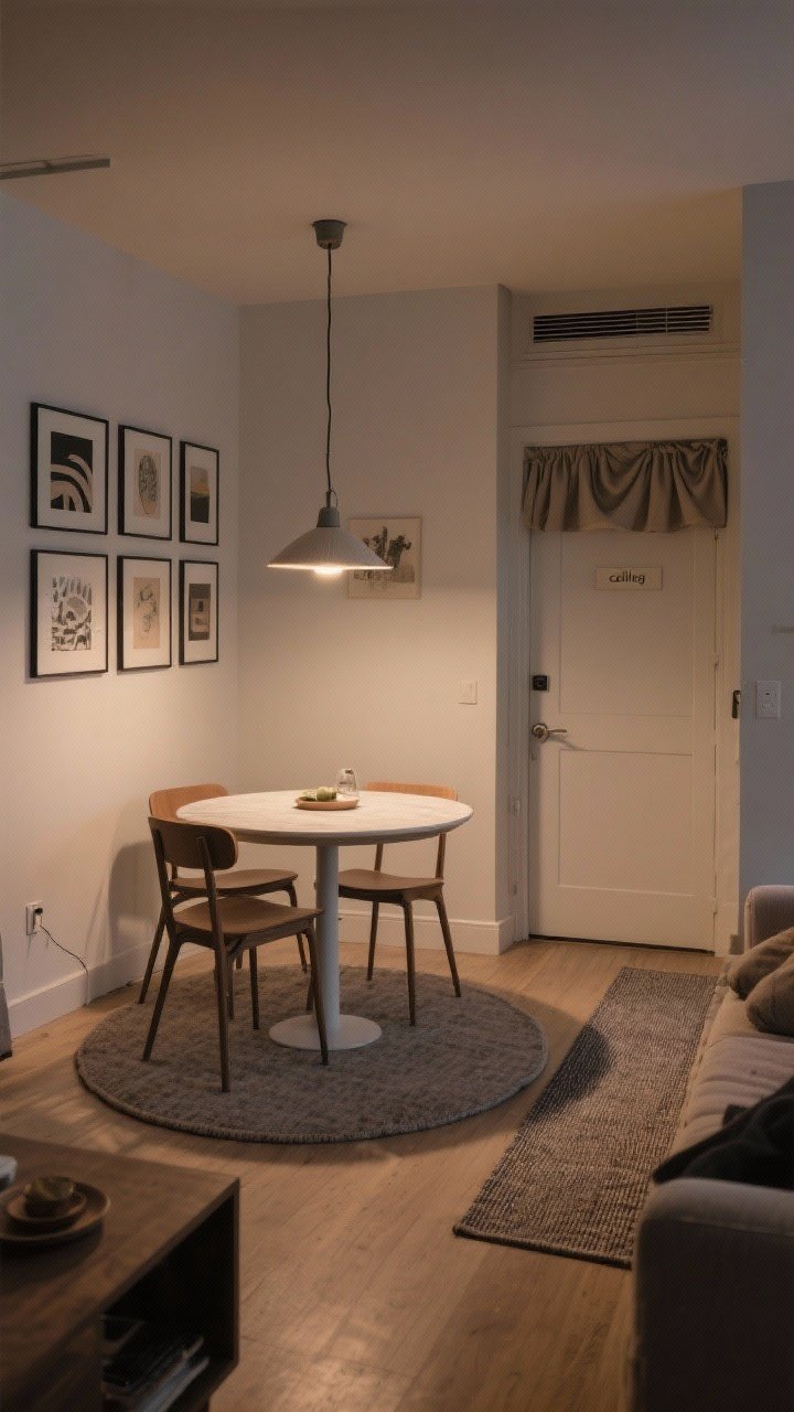 Wide room shot: A small apartment dining zone clearly carved out within an entry-adjacent living space, featuring a round rug under a compact round table, a slim runner rug defining a walkway to the door, and a small plug-in swag pendant centered over the table on a dim setting. An easy-clean low-pile rug slightly larger than the table keeps all chair legs on it even when pulled out. On the wall, a vertical gallery of art at seated eye level creates a visual boundary. Warm evening lighting with the pendant as the “ceiling” of the zone; muted neutral palette with natural textures, clean lines, and no people.