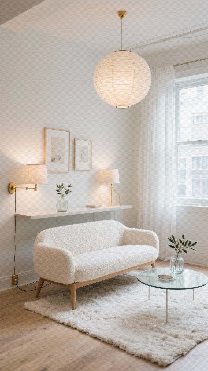 Wide room shot, airy “Light-Lift Loft” living area in a small apartment: cream boucle loveseat on tapered oak legs facing a round glass coffee table, slim console table floating behind the sofa with a brass plug-in swing-arm sconce above it. Warm whites, oat beige, and pale gray palette. Rice paper lantern overhead, two linen-shade lamps, and one brass sconce providing soft layered glow. Nubby ivory rug underfoot, gauzy white curtains hung high and wide over a bright window. Low-profile art in light frames, glass vase with olive branches on the console. Photorealistic, corner angle to emphasize open sightlines and visual lightness, no people.