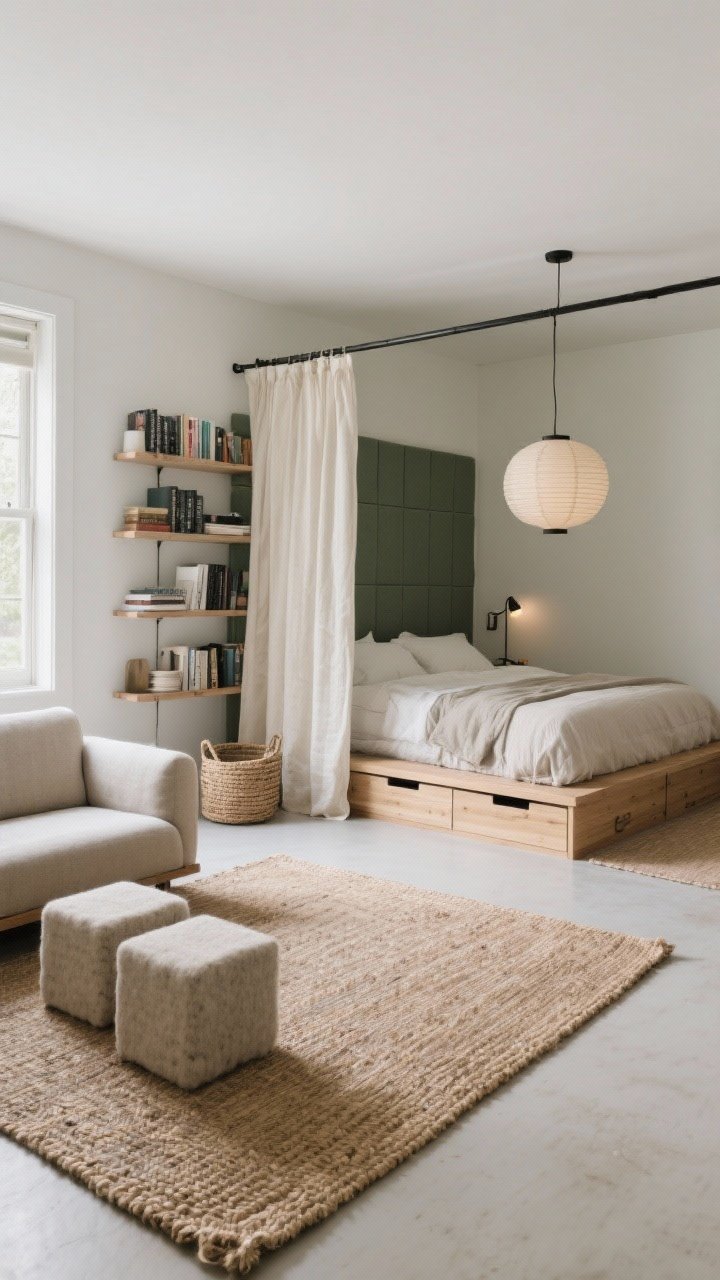Wide room shot, “Zonal Zen Den” open studio with defined areas: jute rug grounding the living zone with a compact loveseat and cube side tables; wool flatweave beneath the sleeping zone with a platform bed dressed in a linen duvet. Low bookcase used as a headboard wall divider, ceiling track curtain in ivory pulled partially for privacy. Natural fibers, sage, charcoal, and light oak tones. Underbed drawers open slightly to show storage, lidded baskets in the entry corner. Paper lantern over the bed and a task sconce by the sofa. Photorealistic, diagonal angle to show both zones clearly.