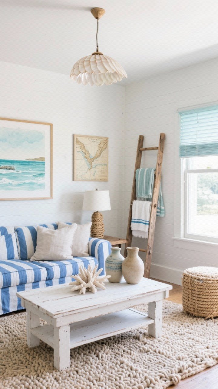 Wide shot, Coastal Compact Retreat: Airy beach-inspired living room with chalky white walls, sea-glass blues, and driftwood tones; blue-and-white stripe slipcover sofa, whitewashed coffee table, chunky knit rug; woven Roman shades filtering soft daylight; leaning wood ladder holding towels and throws; decor includes ceramic jugs, bleached coral on the table, linen cushions; art of watercolor seascapes and vintage coastal maps; rope-wrapped table lamp and a capiz shell pendant overhead; breezy, relaxed atmosphere.