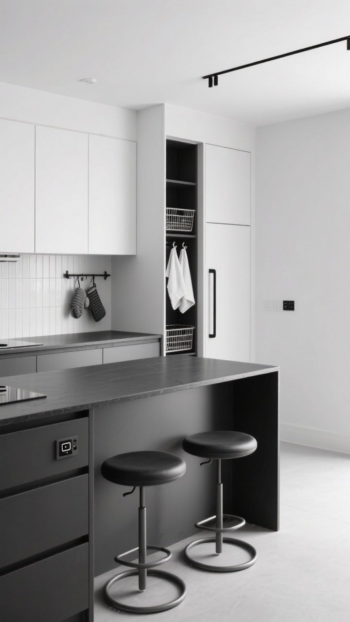 Wide shot from the peninsula perspective: high-contrast monochrome kitchen with matte white uppers, graphite lowers, solid black quartz countertop extending into a micro peninsula; integrated finger groove pulls, vertical stacked white tile backsplash; tall skinny pantry with pull-out baskets slightly ajar, hooks inside the door holding towels and mitts; two low-back swivel stools tucked fully under the peninsula; pop-up outlet with USB-C visible on the counter; crisp, clean lighting emphasizing sharp lines; photorealistic, no people.