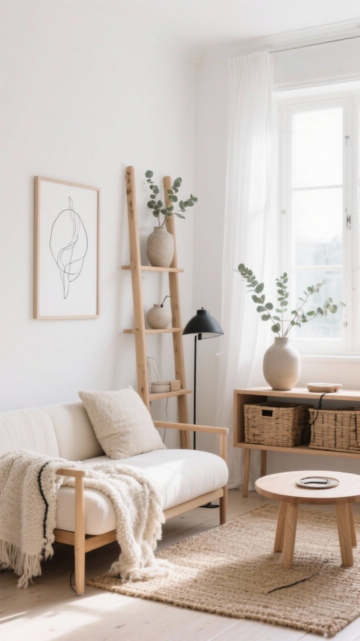Wide shot, Light & Airy Nordic Nook: A sunlit tiny living room with white walls, soft whites, sand beiges, and pale oak finishes; a low-profile cream linen loveseat, round oak coffee table, flat-woven jute rug, natural wood ladder shelf for vertical storage, sheer curtains or bare windows maximizing daylight; accents include a matte black lamp, stoneware vases with eucalyptus stems, line drawing wall art in thin frames; textures visible: boucle throw, wool pillows, ceramic catch-all; cords hidden, baskets tucked under a slim console; minimalist, sculptural shapes; bright natural light, airy and serene.