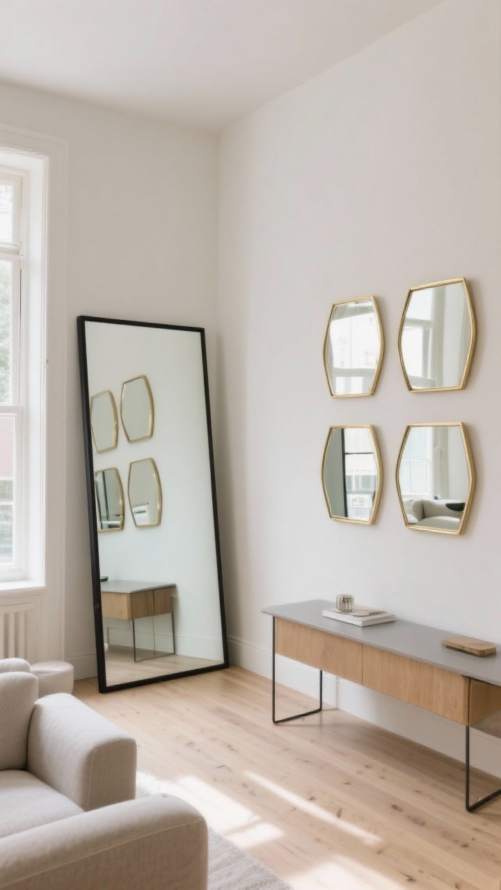 Wide shot of a small modern living room with an oversized full-length mirror leaning against a wall, the mirror nearly floor-to-ceiling with a slim black frame; adjacent wall features a cohesive gallery wall of medium mirrors in matching thin brass frames arranged symmetrically; neutral palette with light walls, pale wood floors, and minimal decor to emphasize spaciousness; soft natural daylight; include an alternate view with two medium mirrors hung side by side over a console for calm symmetry