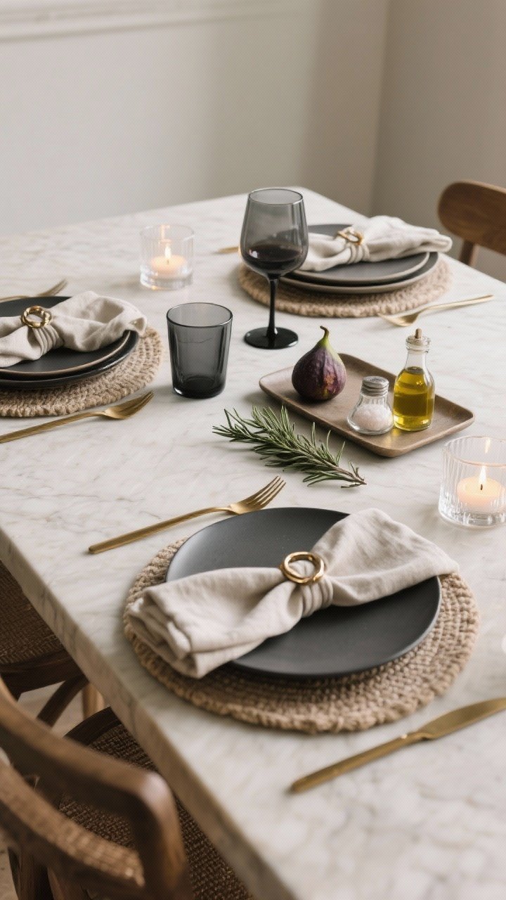 Wide shot of a styled dining table: Designer-level final 10%. Layered stacks at each seat—textured placemat or charger + dinner plate + accent plate—with a washed linen cloth napkin knotted or looped through a simple ring. Flatware in brushed gold or matte black placed like jewelry. Mix glassware heights: a short tumbler and a taller stemless wine glass. One organic moment at each setting: a sprig of rosemary or a fig. Ambient mood with tea lights in clear holders and a small tray corralling oils, salts, and a candle. Subtle, boutique atmosphere.