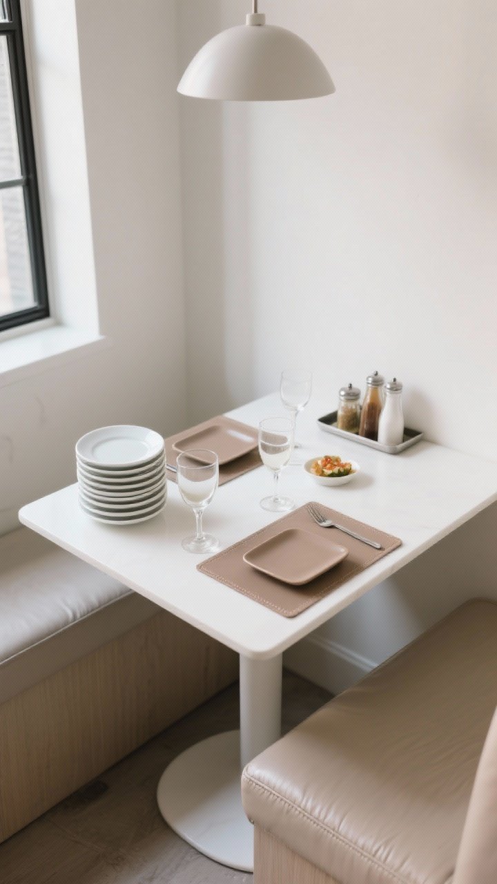 Wide shot of a tiny dining nook: Thin-profile white porcelain “coupe” dinner plates neatly stacked; small square appetizer plates in taupe/putty aligned flush at the table corners; paper-thin faux-leather placemats; narrow stemware or stemless wine glasses to minimize elbow collisions; condiments grouped on a slim tray for quick clearing; bright, even lighting showcasing the slim silhouettes and efficient layout; photographed from a corner angle to highlight space-saving geometry.