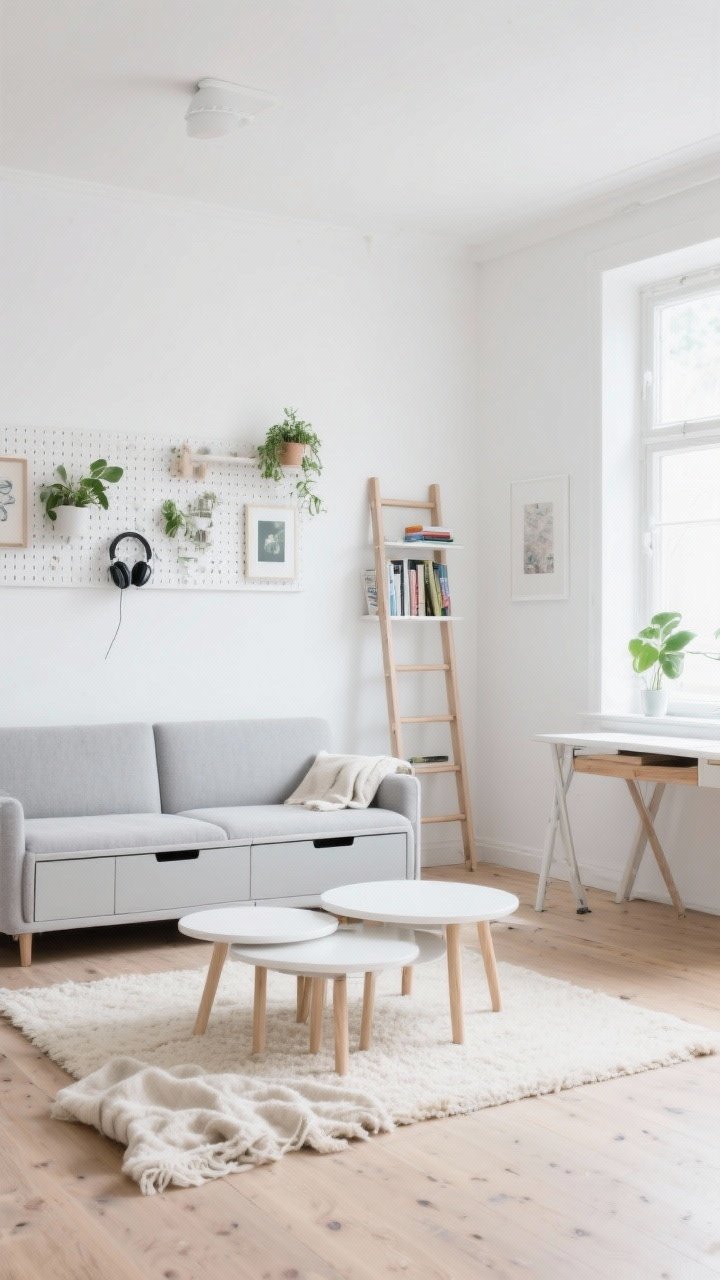 Wide shot, Scandinavian studio in soft natural daylight: bright white walls and pale oak floors, a light gray storage sofa with hidden seat compartments anchors the space; in front, birch-and-matte-white nesting coffee tables partially overlapped; a fold-down wall desk floating near a window with a pegboard above holding small plants, headphones, and art prints; ladder bookshelf along one wall; cream wool rug and linen throw adding texture; color palette of soft whites, misty grays, natural oak, leafy greens; clean, airy composition, no people, photorealistic.