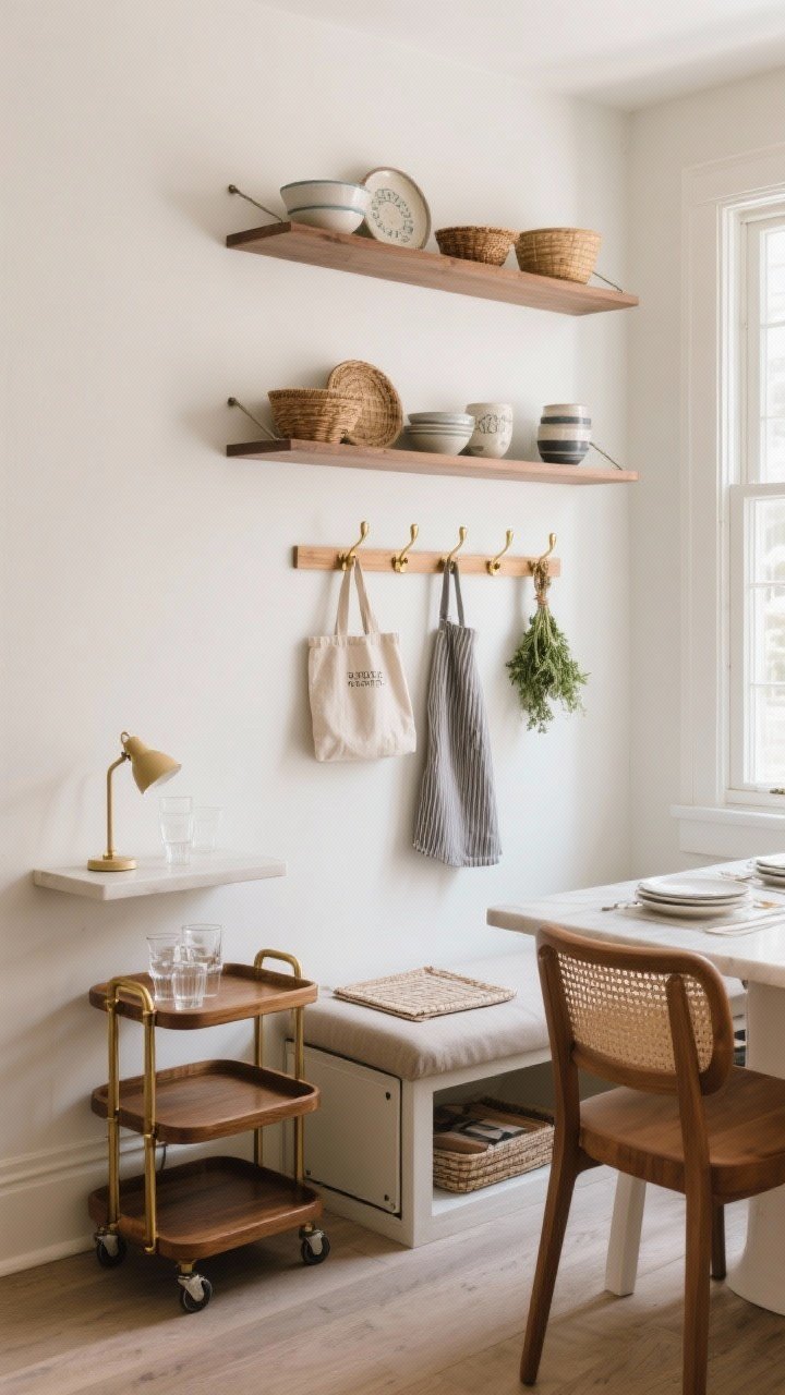 Wide shot, straight-on wall view: Perimeter storage built into a small dining area—against the wall, a slim console with a tiny lamp and glassware, plus a brass-and-wood bar cart on wheels. Above, two or three wide wall shelves styled café-like with pretty bowls, baskets, and ceramics, with the lowest shelf at seated eye level. A lidded bench beneath the window hides placemats, and a row of chic wood or brass hooks holds tote bags, an apron, and a small hanging herb bundle. Clean, edited look with neutral tones and natural textures; bright daytime lighting.