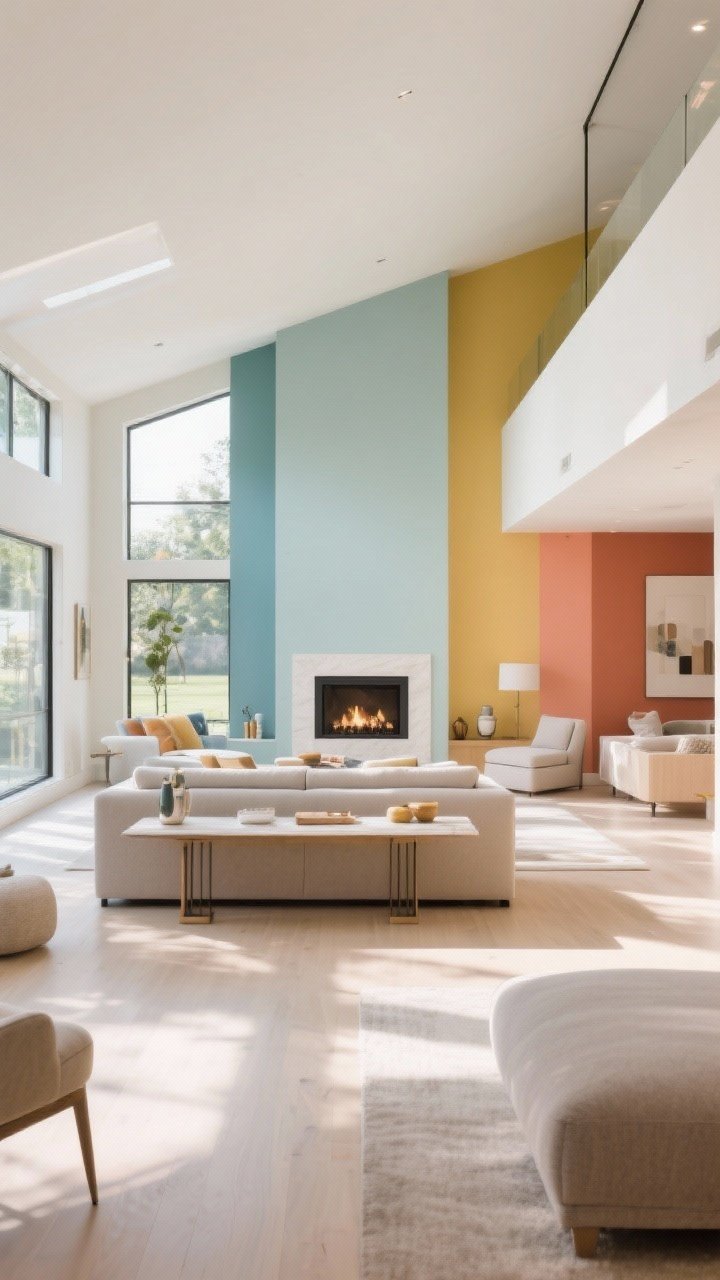 Wide shot with clear sightlines: An open-plan layout where color supports flow—living zone oriented toward a fireplace or large window, framed by the living palette; lighter colors marking clear pathways through the space; a console table placed behind the sofa styled with decor in the living zone’s colors to create an instant boundary; at the zone edges, small accessories echo both adjacent colors to soften transitions. Bright daytime light highlighting open circulation and logical furniture placement.