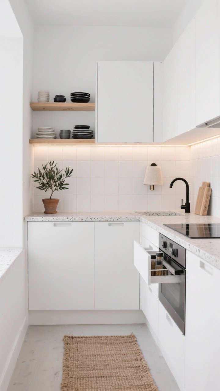 Wide, straight-on shot of a Scandinavian small kitchen: matte white flat-front cabinets blending into white walls, pale oak open shelves with neatly arranged dishes, light terrazzo countertop and narrow white subway tile backsplash; slim black gooseneck faucet over a compact induction cooktop; hidden toe-kick drawers and a pull-out spice rack subtly visible; under-cabinet LED strips glowing warmly and a petite linen-shaded sconce above the sink; a single potted olive tree on the floor and a natural jute rug runner; soft whites, natural wood, and tiny black accents; bright, airy, photorealistic, no people.