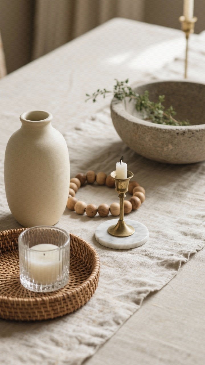 A closeup detail shot highlighting layered textures without clutter: a natural linen runner, a cream ceramic vase beside casually draped natural wood beads, a rattan tray holding a clear glass candle on a small white marble coaster, and a matte stone bowl with a sprig of greenery; mix of matte and brushed finishes (include a brushed brass candleholder for contrast), warm, diffused afternoon light emphasizing material textures