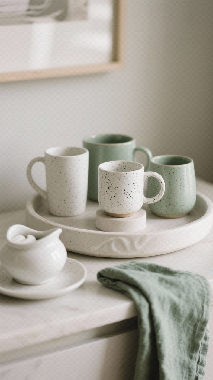 A closeup, stylistic vignette of a curated mug display as a mini gallery: a cluster of 3 or 5 mugs in a palette of white + sage + speckled stoneware, mixing matte and glossy finishes, with a standout “statement” mug centered on a small riser. Repeated curves echo between a round tray, a curvy sugar bowl, and rounded mug silhouettes. Soft diffused light enhances textures and speckles, coordinated dish towel in sage subtly visible for a designer-level, harmonious feel.