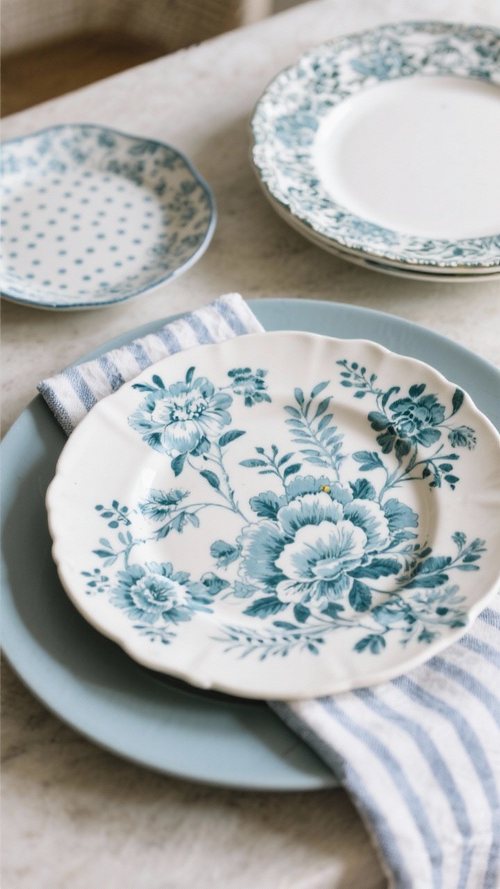 A closeup, three-quarter angle detail of pattern mixing that plays nice: a large-scale botanical/floral dinner plate as the hero pattern paired with a tiny dot side plate; a thin striped linen napkin peeks in as a subtle sidekick; both patterns share a common color thread of soft blue; a quiet solid matte charger acts as a breather; include a patterned-rim plate variant—ornate rim with clean white center—for food-friendly drama; gentle daylight highlights textures.