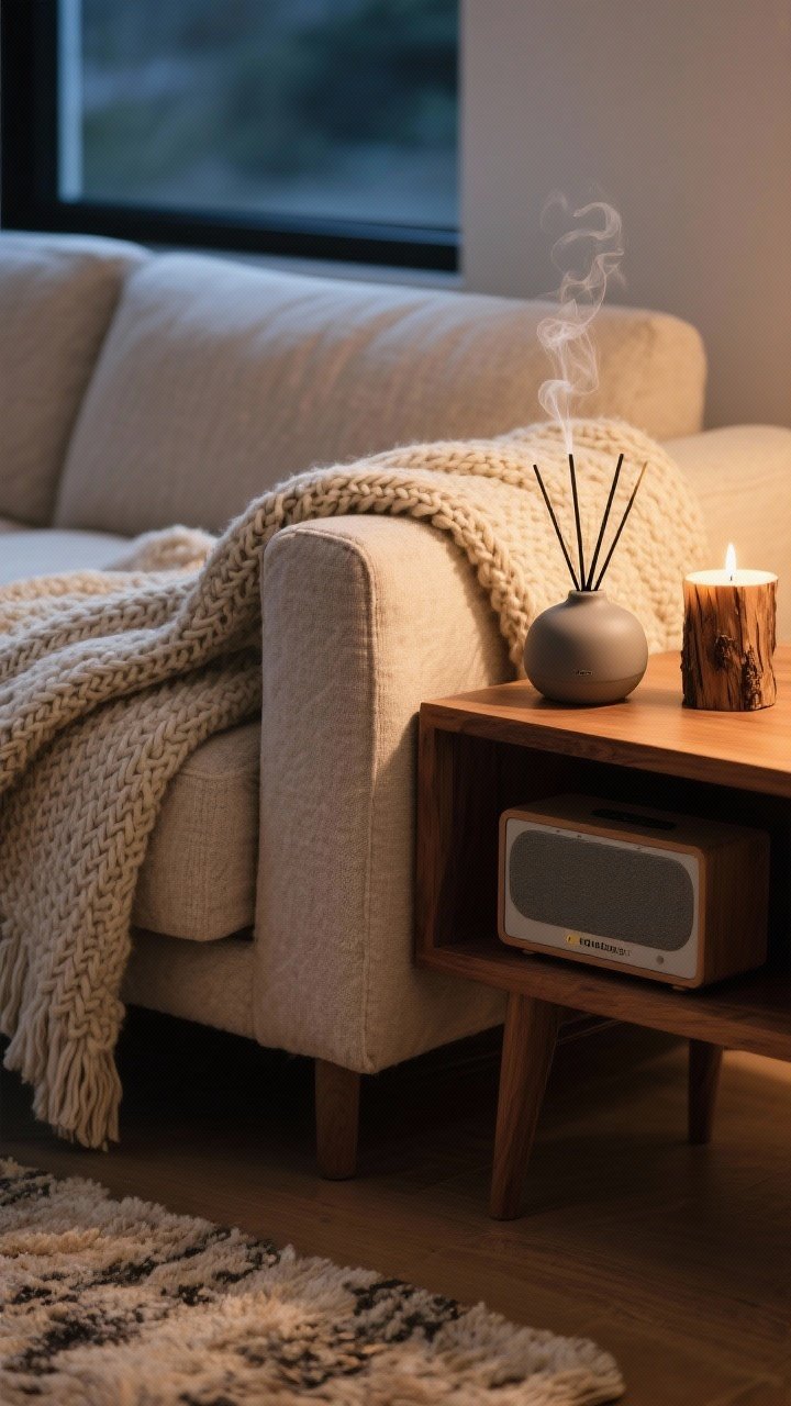 A cozy closeup vignette capturing the sensory trifecta: a chunky knit throw layered over a linen one on the sofa arm, a matte ceramic diffuser emitting a subtle wisp, and a small speaker on a wood shelf. Include a woodsy candle (unbranded) with warm glow, plush rug visible below, serene evening lighting.