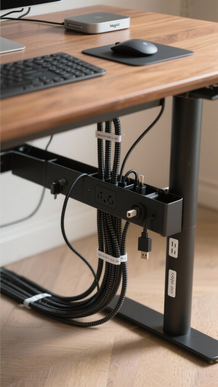 A detail closeup from a low rear angle showing immaculate cable management under a warm oak desk: a black metal under-desk cable tray holding a power strip and adapters, braided black cable sleeves bundling cords into a single line, small adhesive clips guiding cables down the back leg, and labeled tags near each plug. Include a wireless keyboard, wireless mouse, and a MagSafe/qi charger on the desktop. Soft, even lighting to highlight the organized “cable zen” look.
