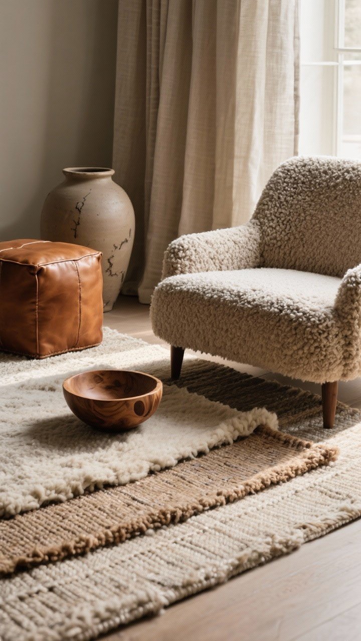 A detail closeup of layered textures: a flatweave rug as the base with a nubby wool rug layered on top, the edge of a bouclé accent chair, a caramel leather ottoman corner, and linen curtains in the background. Include a matte ceramic vase and a slightly imperfect hand-carved wood bowl on the rug edge. Side light raking across surfaces to emphasize tactile richness.