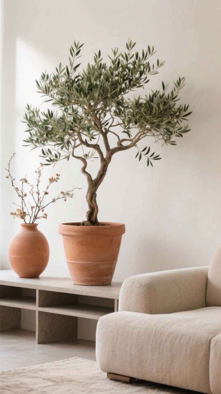 A detail shot of edited greenery: a sculptural olive tree in a matte terracotta pot beside a neutral sofa, plus a single large vase on a console with seasonal cut branches. Keep pots in a single color family, matte finish. Clean lines, controlled quantity (1–3 plants), bright but soft natural light.
