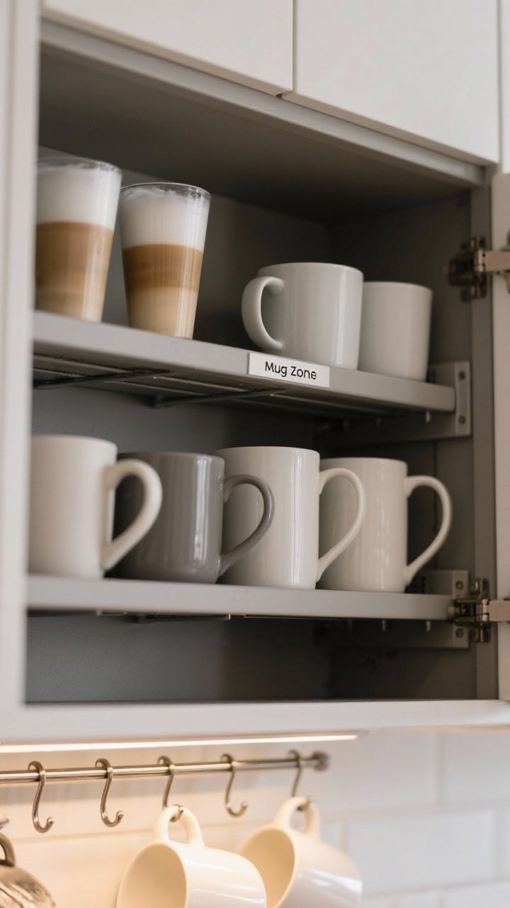 A detailed closeup inside a cabinet showcasing Tetris-level organization: shelf risers creating two clear rows without stacking, under-shelf mug hooks holding a few favorites, daily mugs up front with taller latte cups in back on the riser. All handles turned the same way for instant order. A subtle, clean label along the interior shelf edge indicates mug zones. Photorealistic textures of matte and glossy ceramics, softly lit by under-cabinet lighting for a tidy, efficient look.