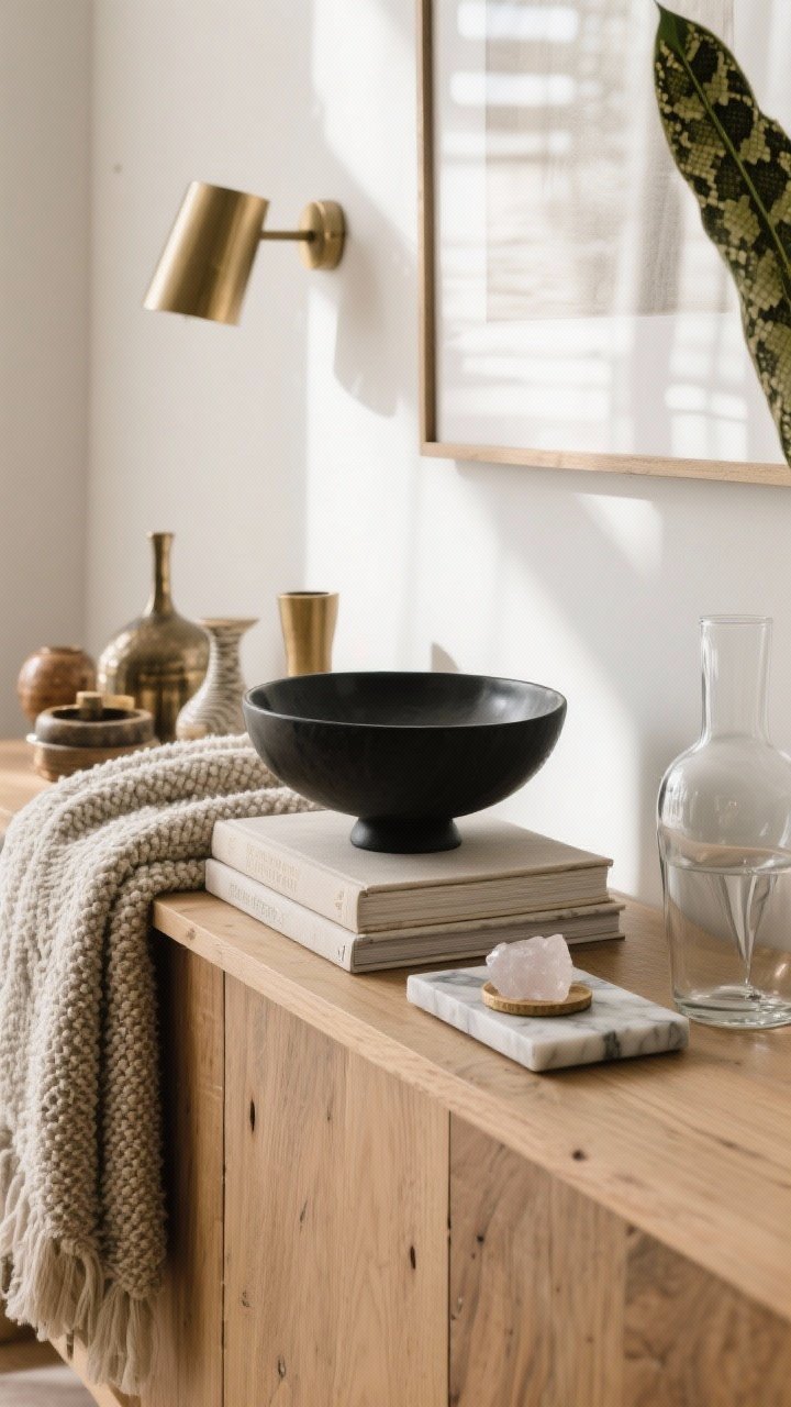 A detailed closeup of textures over trinkets on a light oak console: a single sculptural matte black bowl replacing multiple knickknacks, alongside a linen-bound book stack. Surrounding materials include a bouclé throw draped nearby, a brushed brass picture light above, a small marble tray with quartz coaster, and a clear glass vase stem for reflection. Soft, directional window light highlighting fabric weaves, wood grain, metal finish, and stone veining; a snake plant leaf edges into frame for natural texture.