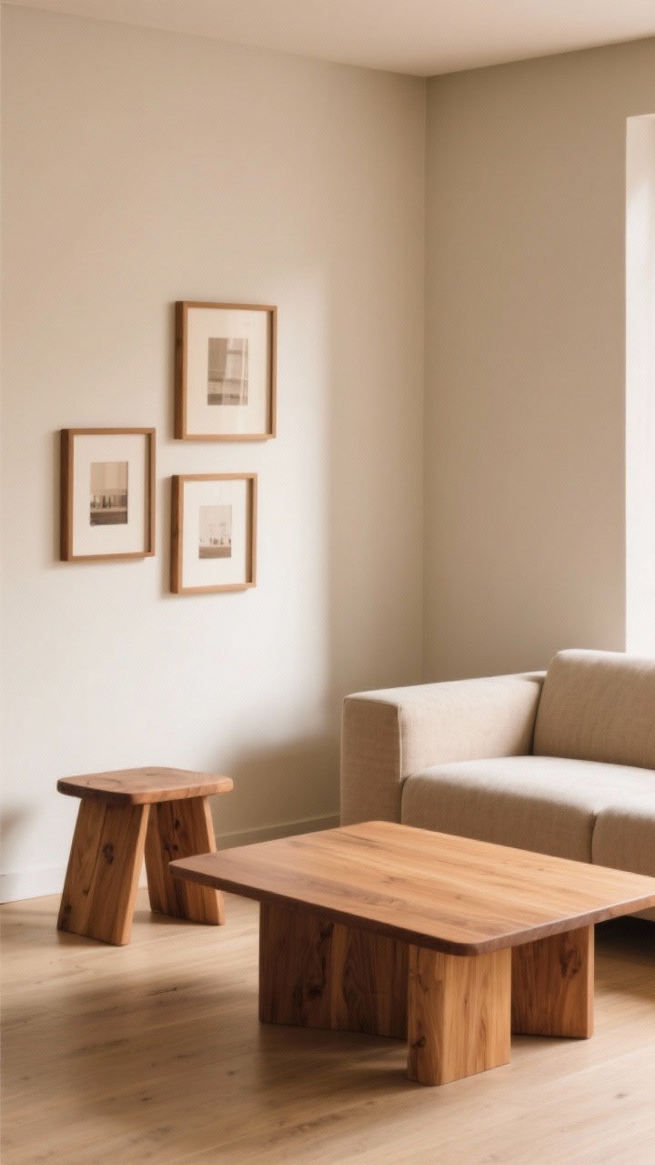 A medium, corner-angle shot highlighting warm wood tones: a matte-finished oak coffee table, matching oak picture frames on the wall, and a small oak side stool, all in the same warm family. Complement with a neutral sofa and beige walls. Soft daylight with gentle shadows, relaxed and timeless, minimal gloss.