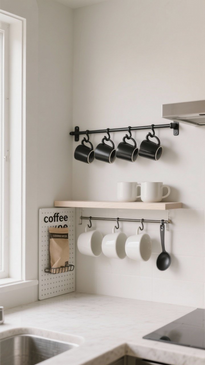 A medium corner-angle view of a compact “coffee zone” wall featuring hardware that uses vertical space: a slim wall-mounted rail with matte black S-hooks holding mugs, adhesive hooks lined neatly under a floating shelf, and a metal under-shelf hanger clipped onto the shelf edge. A small pegboard nearby organizes filters and a scoop, forming a tidy coffee command center. Neutral palette with white, stoneware, and black hardware; spacing leaves air between mugs to prevent clinking. Even, bright kitchen lighting.
