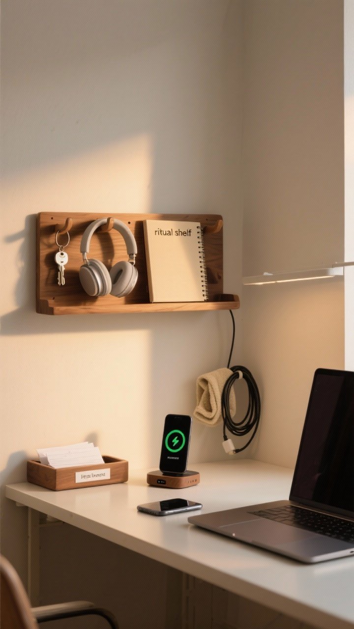 A medium corner shot of a “ritual shelf” wall above a minimalist desk: a small floating wood shelf and peg rail holding headphones, keys, and a single notebook; the desk surface cleared with a laptop docked on its stand and a phone resting on a wireless charger; a labeled in-tray for papers; a microfiber cloth coiled next to a neatly wound cable. Warm, end-of-day ambient light, tidy and satisfying reset mood, everything handy yet off the desktop.