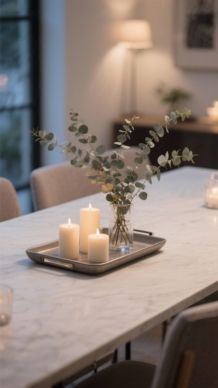 A medium eye-level shot emphasizing low, social-friendly styling: centerpiece height under 12 inches, a slim tray holding a trio of unscented candles (varying low heights), a short arrangement of airy eucalyptus branches that don’t block sightlines, asymmetry with one side slightly lower, all items placed on a movable tray for easy clearing; soft evening ambient lighting with candles unlit, clean ends of table for conversation