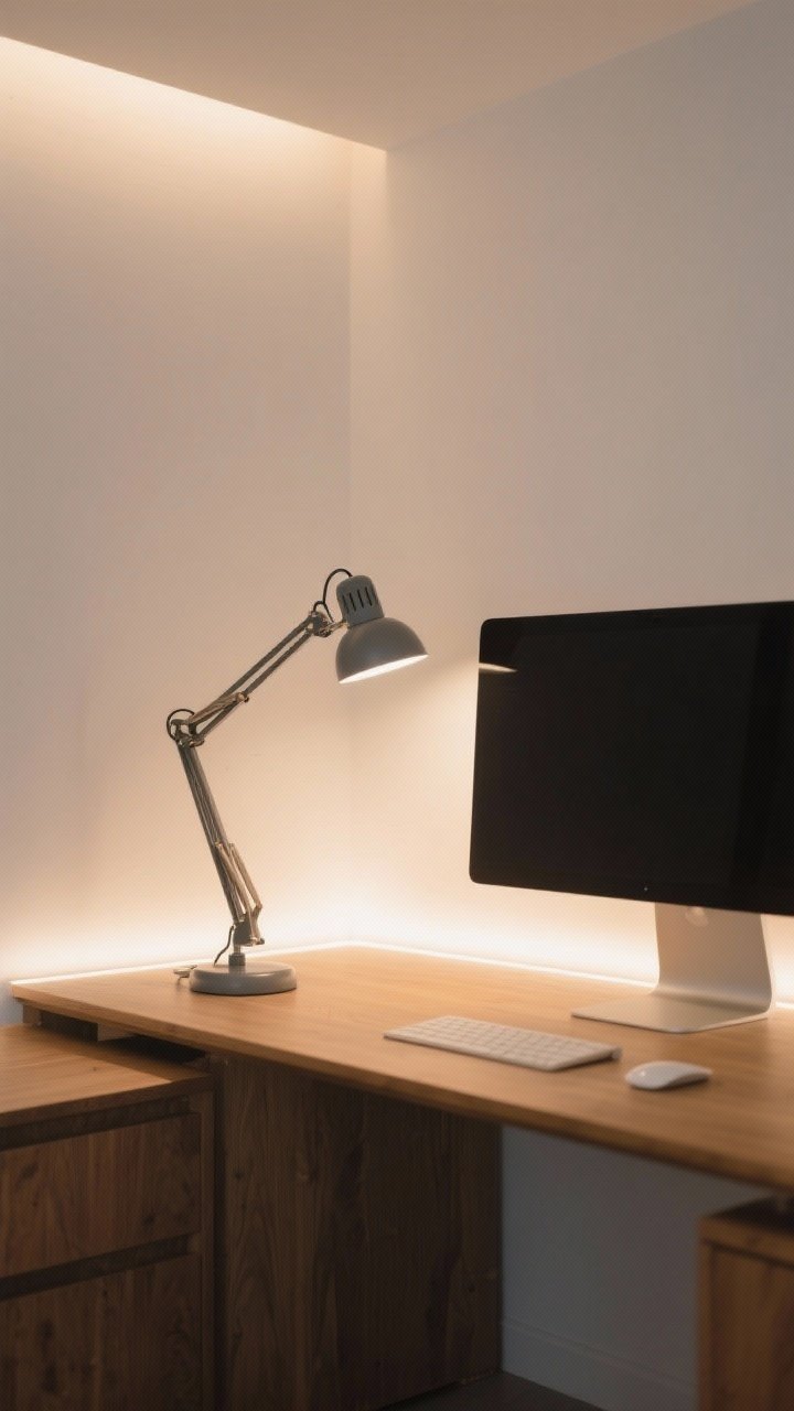 A medium scene emphasizing layered minimalist lighting: a dimmable task lamp with adjustable arm positioned so light falls off the screen, warm 3000K glow; subtle LED bias lighting behind the monitor casting an even halo on a white wall to reduce eye strain. The desk is clean and neutral with warm wood and matte finishes. No overhead glare, balanced ambient illumination, cozy yet clear mood.