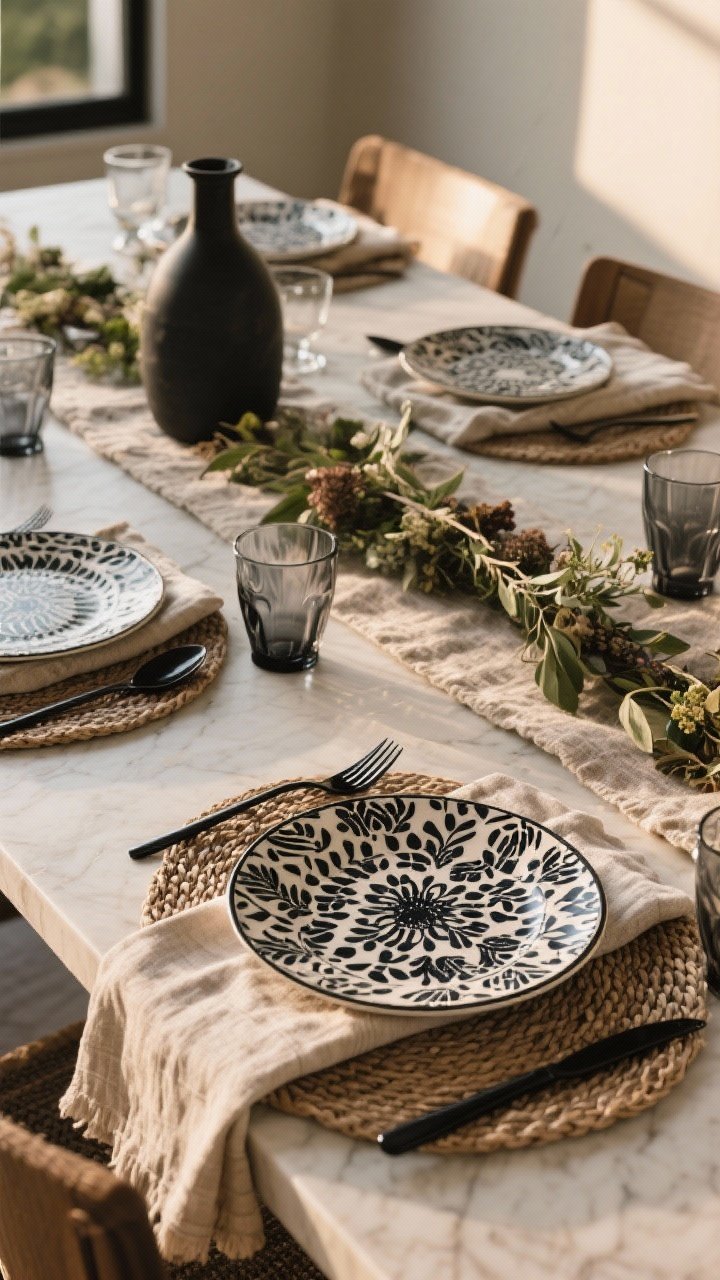 A medium shot focused on the supporting cast around statement plates: bold patterned salad plates sit on a table with textured natural linen napkins (tone matched one shade lighter), simple woven placemats, black modern flatware for edge, and clear plus smoky tinted glassware mixed for moody layers; centerpiece is a low, elongated arrangement and a slim runner instead of a tall vase to keep sightlines to the plates; warm late-afternoon light; no people.