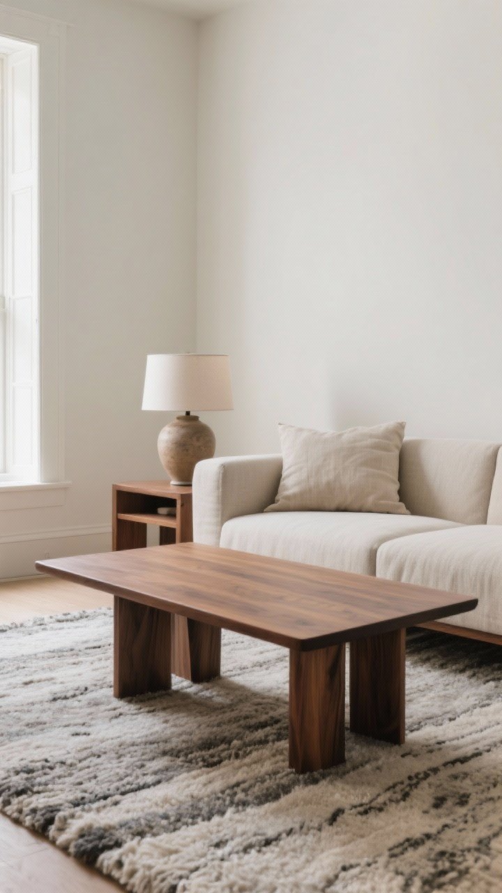 A medium shot focusing on fewer, better pieces: a clean-lined linen sofa with square arms, a solid walnut wood coffee table with strong legs, and a timeless low-contrast wool rug. Include a single ceramic table lamp and a linen cushion. Scale feels balanced for a midsize room. Soft, diffused daylight, quality materials highlighted, no extra furniture.