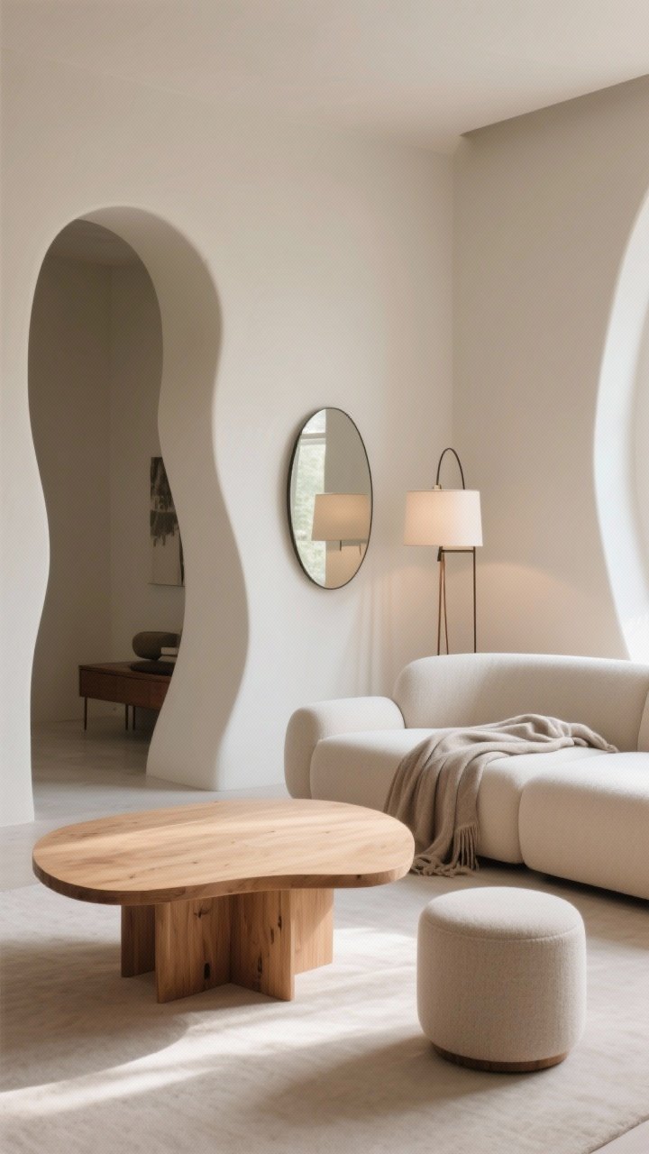 A medium shot focusing on organic curves: a round wood coffee table balancing a boxy sofa, an arched floor lamp, an oval wall mirror, and a small cylindrical ottoman. A casually draped throw rounds the sofa corner, softening edges. Neutral palette, gentle afternoon light, minimal clutter, sculptural comfort.