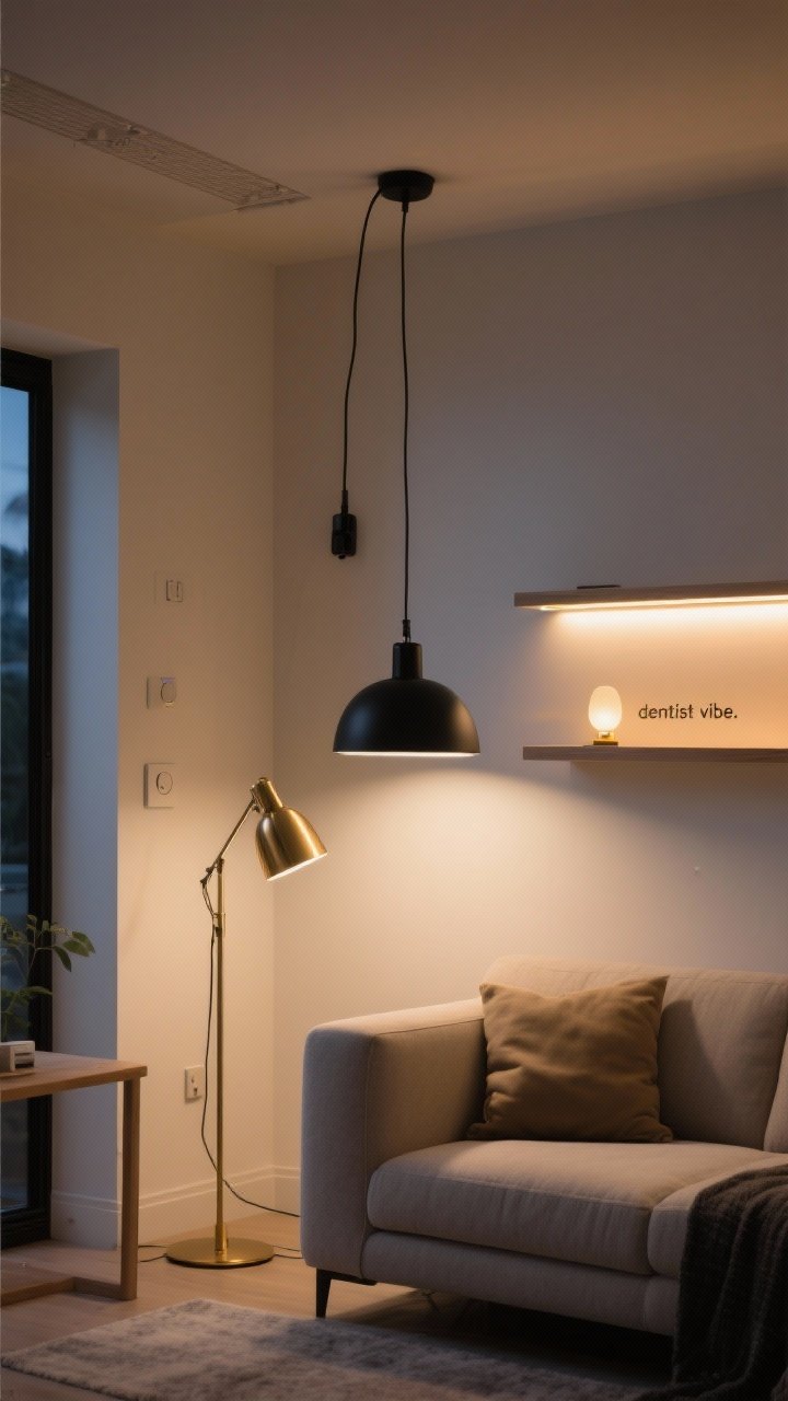 A medium shot layering lighting in a small living space at dusk: a matte black plug-in pendant providing ambient light, a sleek brass floor lamp for task lighting beside the sofa, and an LED strip integrated under a floating shelf for accent glow. Include warm LED bulbs at 2700–3000K with visible dimmer controls on the wall. Neutral palette with black/brass fixtures; the scene reads cozy-modern, not harsh—no overhead-only “dentist vibe.”