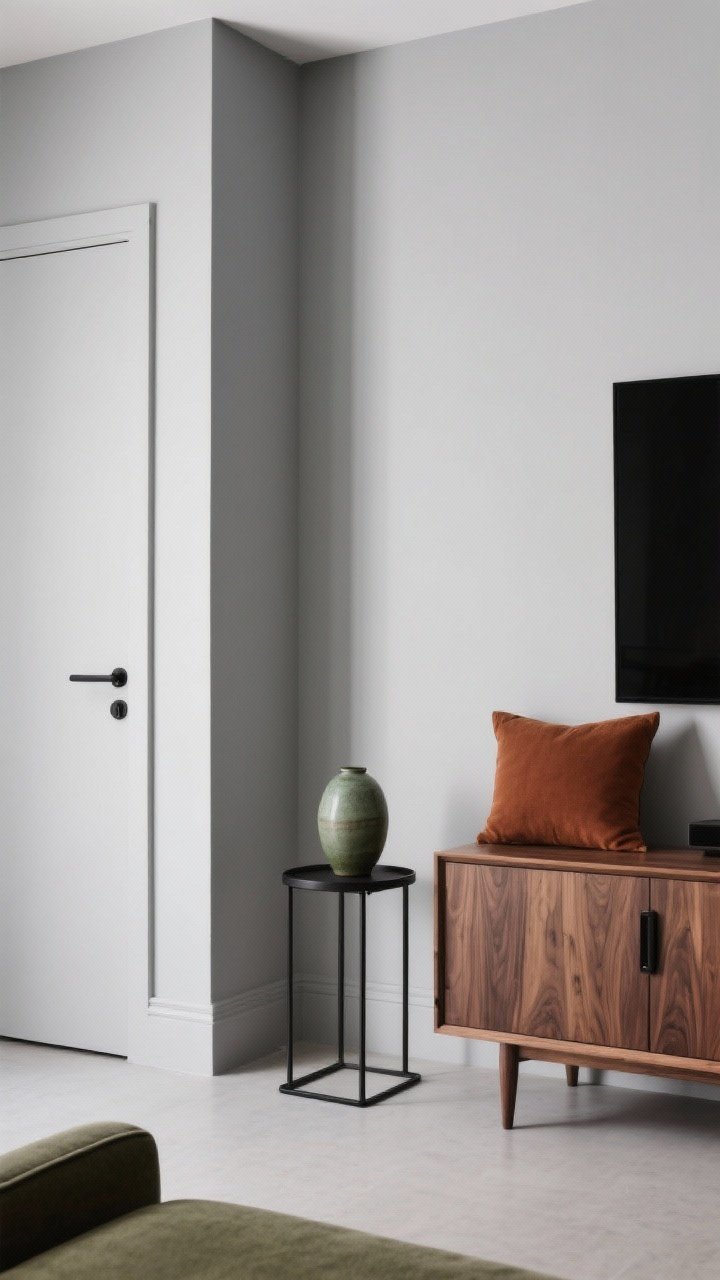 A medium shot of a modern living nook showcasing the “High Contrast” palette: pale gray walls, black metal side table, walnut wood media unit, and olive and rust accents in a single cushion and a ceramic vase. Include matte black hardware on a cabinet, and paint the door, baseboards, and walls the same pale gray for a seamless, edge-blurring effect. Soft, even daylight with subtle shadow, emphasizing calm coordination and a touch of drama.