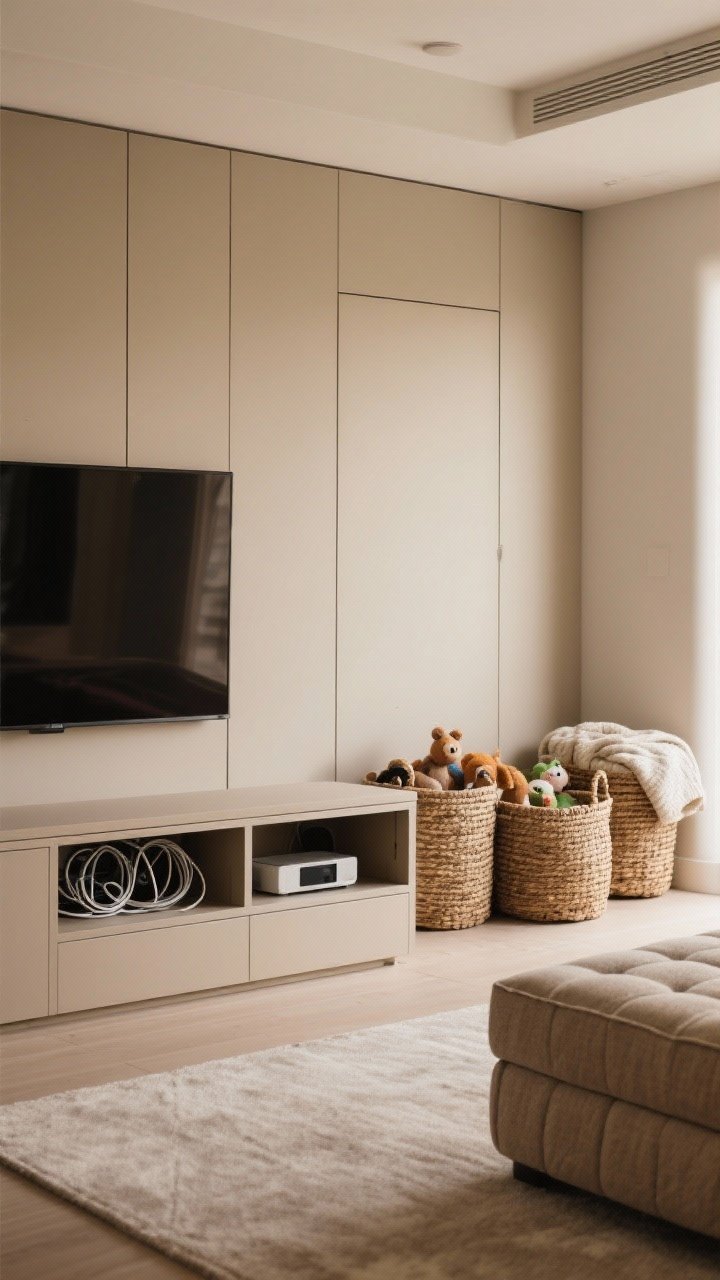 A medium shot of smart, concealed storage: a closed-front media console hiding cables and devices, matching woven baskets tucked beside it for blankets and toys, and a storage ottoman serving as extra seating. Finishes are tonal and textured, all in a warm neutral scheme. Clean surfaces, soft ambient lighting.