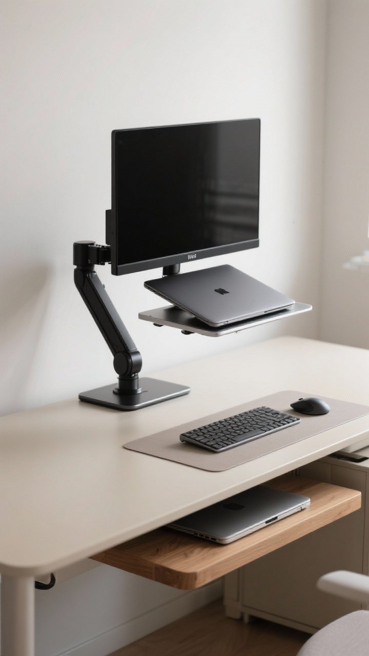 A medium, side-angle shot of an ergonomically elevated screen setup: a matte black VESA monitor arm holding a monitor so the top third is at eye level, a closed laptop on a slim aluminum stand, and an external keyboard and mouse centered on a neutral desk mat. Hidden storage under a wood riser for a notebook. The arm allows the screen to be pushed back, opening desk space. Bright, glare-free lighting emphasizing posture-perfect height and a minimalist, modern vibe.