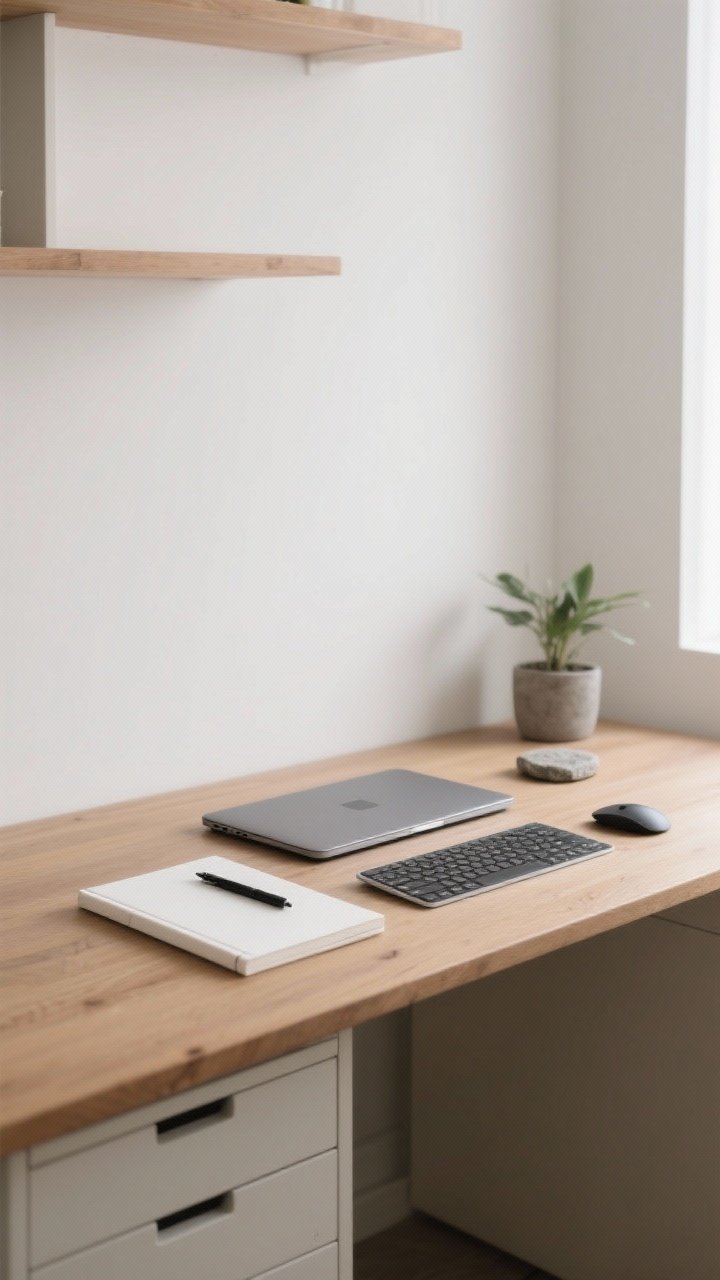 A medium, straight-on shot of a freshly cleared minimalist desk with only essentials added back: one off-white notebook and one black pen neatly aligned, a slim laptop with external low-profile keyboard and mouse, a single stone coaster, and a small potted plant. Neutral palette with warm wood desktop, white wall backdrop, soft natural daylight from the side, no visible extras; drawers and shelves nearby are closed to imply hidden storage. Calm, uncluttered, magazine-clean atmosphere.