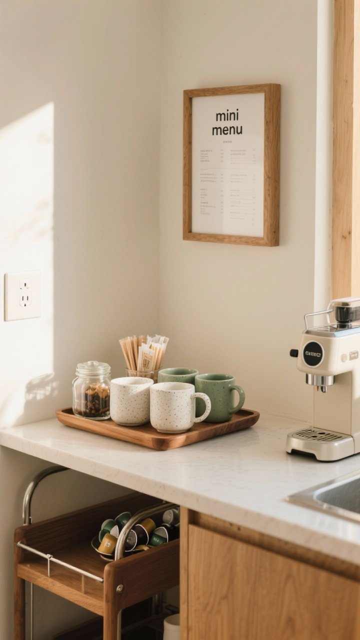 A medium, straight-on shot of a mini coffee bar set on a small countertop: a wooden tray corrals 3–6 favorite mugs (white, sage, speckled stoneware), a couple of clear jars hold coffee pods, stirrers, and tea bags, and a petite framed “mini menu” hangs above. Optional slim rolling trolley or bar cart parked by an outlet nearby with a compact machine on top. Warm morning light, uncluttered, curated and cozy café vibe.