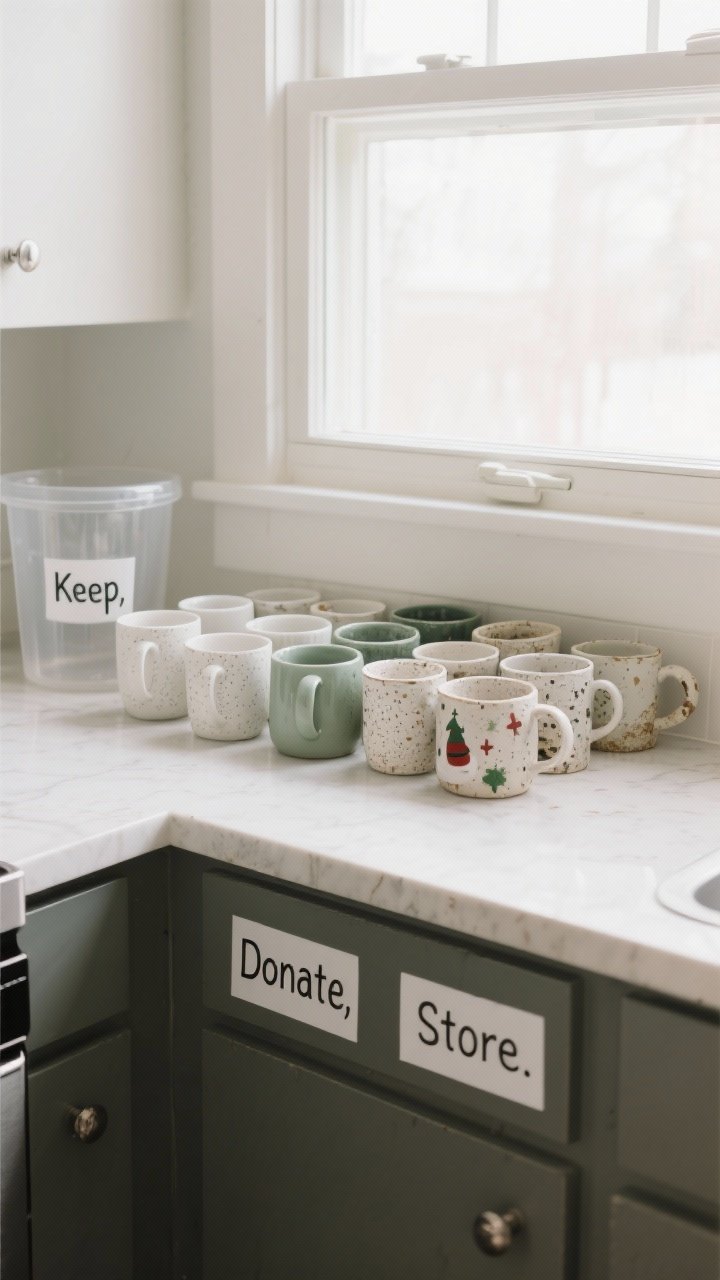 A medium, straight-on shot of a small kitchen counter where a curated selection of mugs is laid out for an edit: neat groups labeled “Keep,” “Donate,” and “Store.” The “Keep” set shows daily favorites in a cohesive palette of white, sage, and speckled stoneware; “Donate” includes chipped and awkwardly sized mugs; “Store” includes holiday-themed mugs placed beside a clear, labeled storage bin. Soft morning natural light from a nearby window, clean backdrop, minimal visual chaos, handles aligned for the “Keep” group.